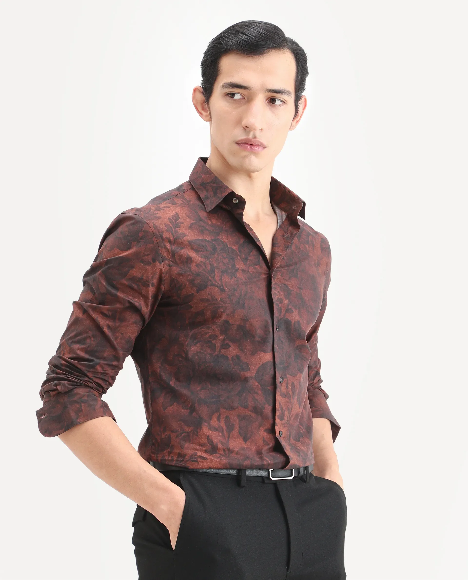 Rare Rabbit Men's Maso Dusky Brown Cotton Fabric Full Sleeve Spread Collar Regular Fit Floral Print Shirt - Image 7
