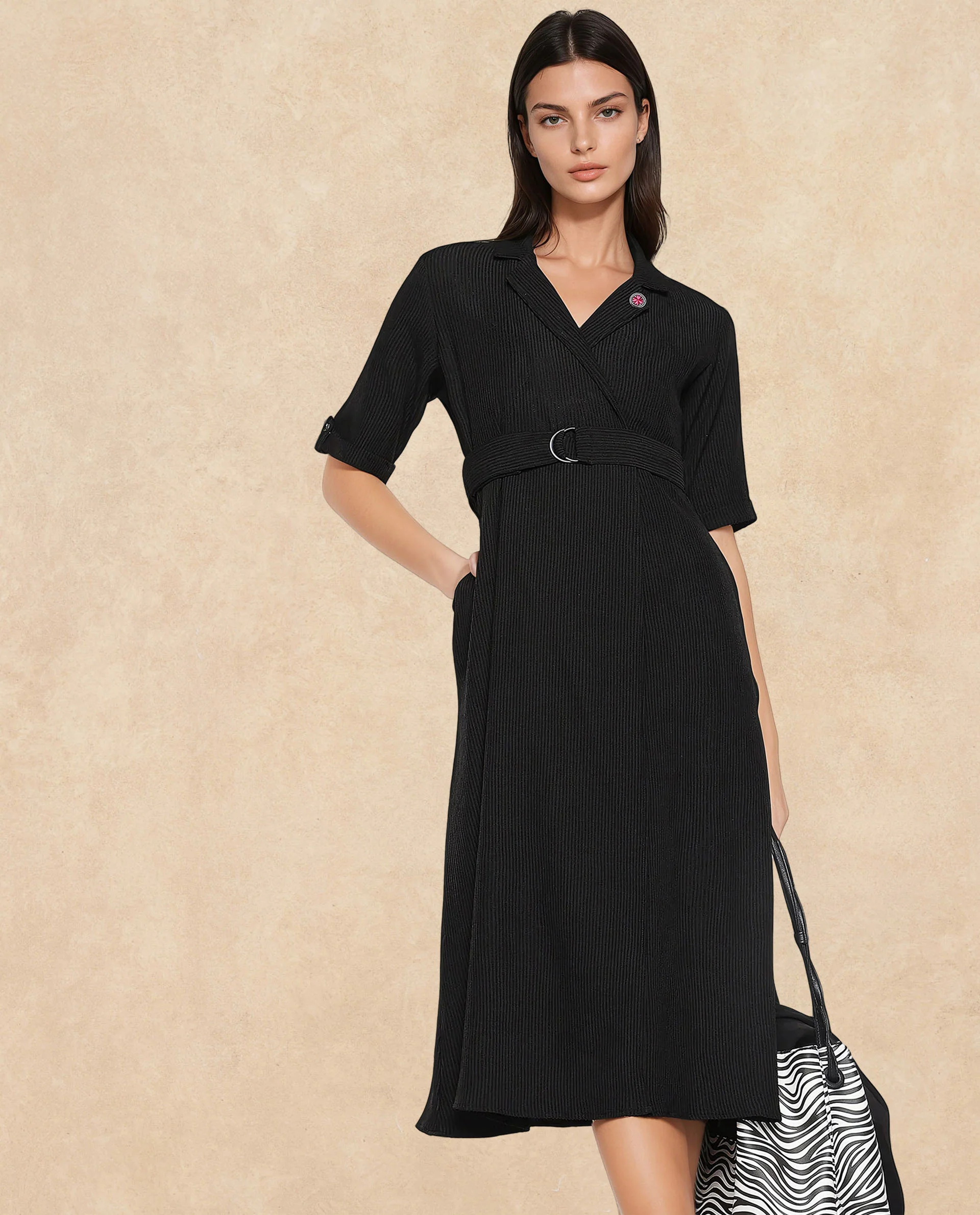 Rareism Women's Maso Black Polyester Lapel Neck Plain Midi A-Line Dress