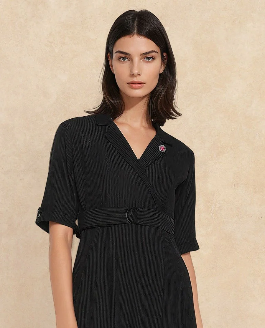 Rareism Women's Maso Black Polyester Lapel Neck Plain Midi A-Line Dress - Image 2
