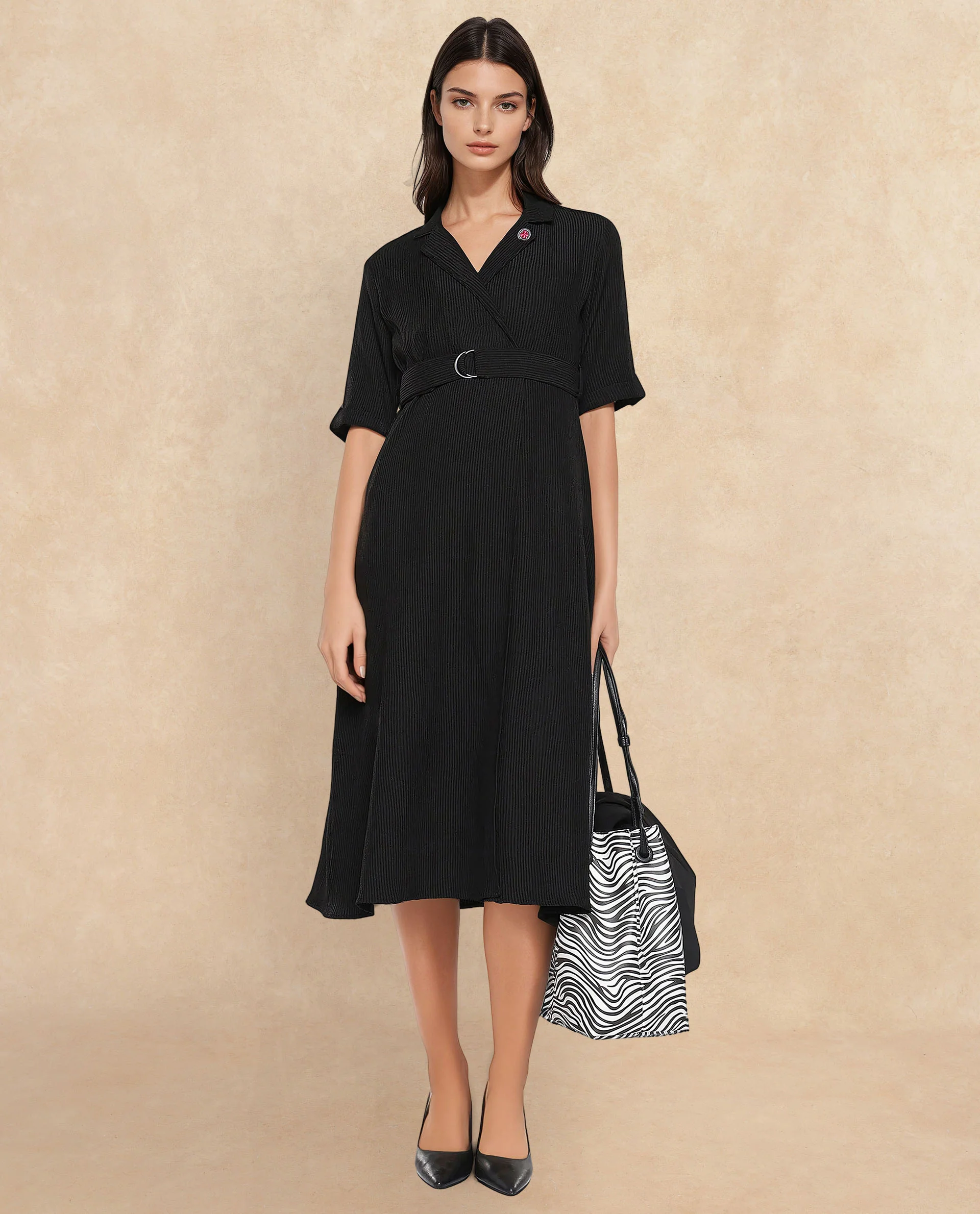 Rareism Women's Maso Black Polyester Lapel Neck Plain Midi A-Line Dress - Image 3