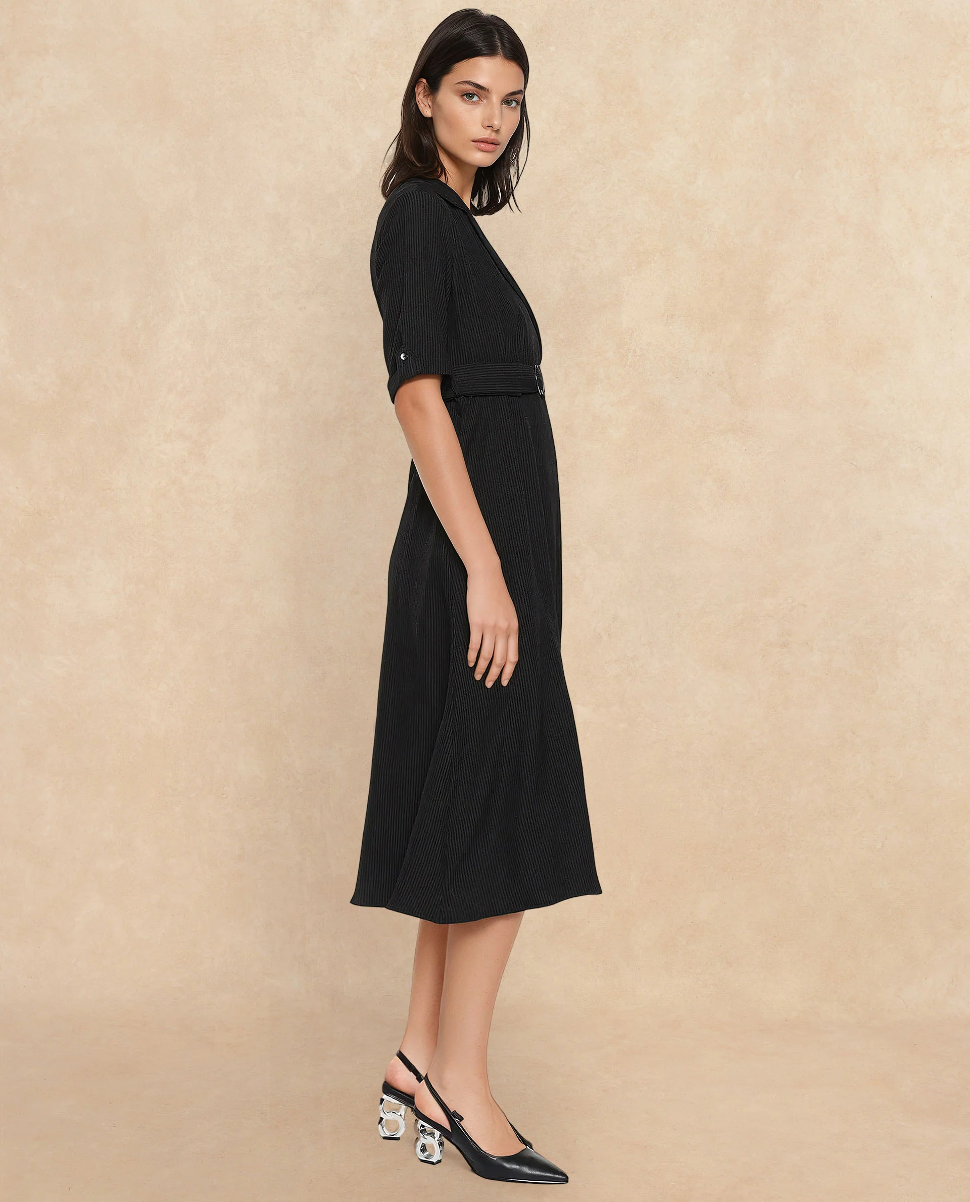 Rareism Women's Maso Black Polyester Lapel Neck Plain Midi A-Line Dress - Image 4