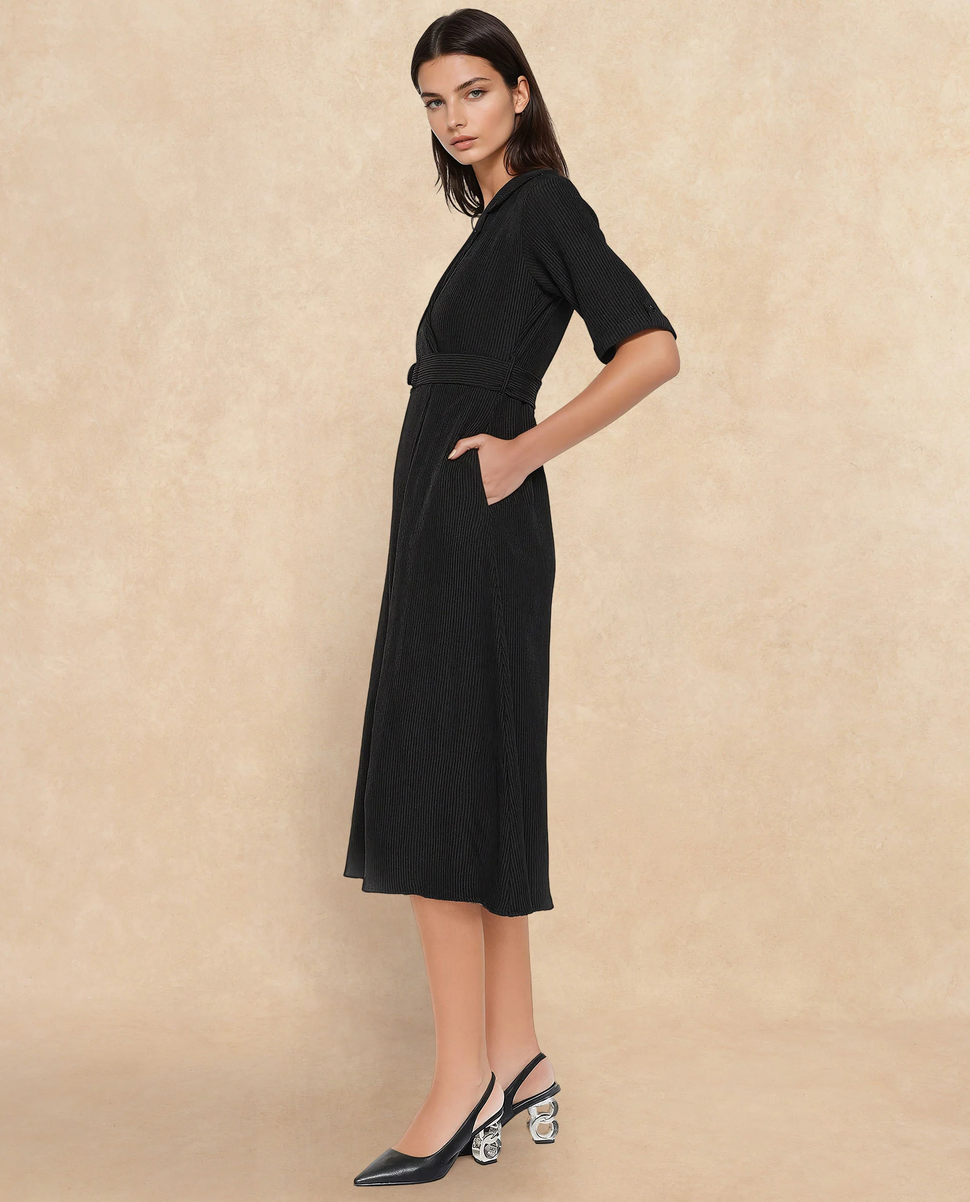 Rareism Women's Maso Black Polyester Lapel Neck Plain Midi A-Line Dress - Image 5