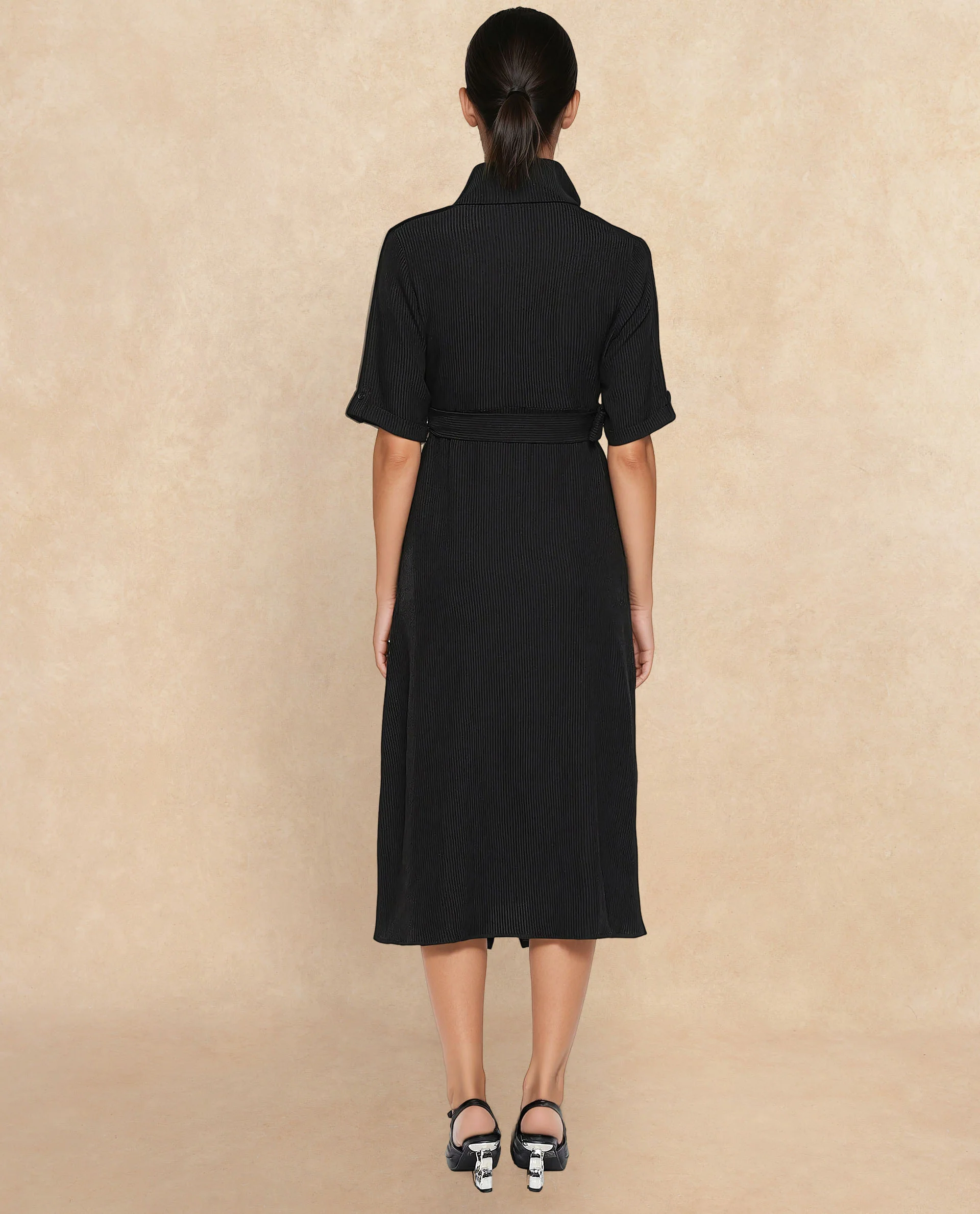 Rareism Women's Maso Black Polyester Lapel Neck Plain Midi A-Line Dress - Image 6