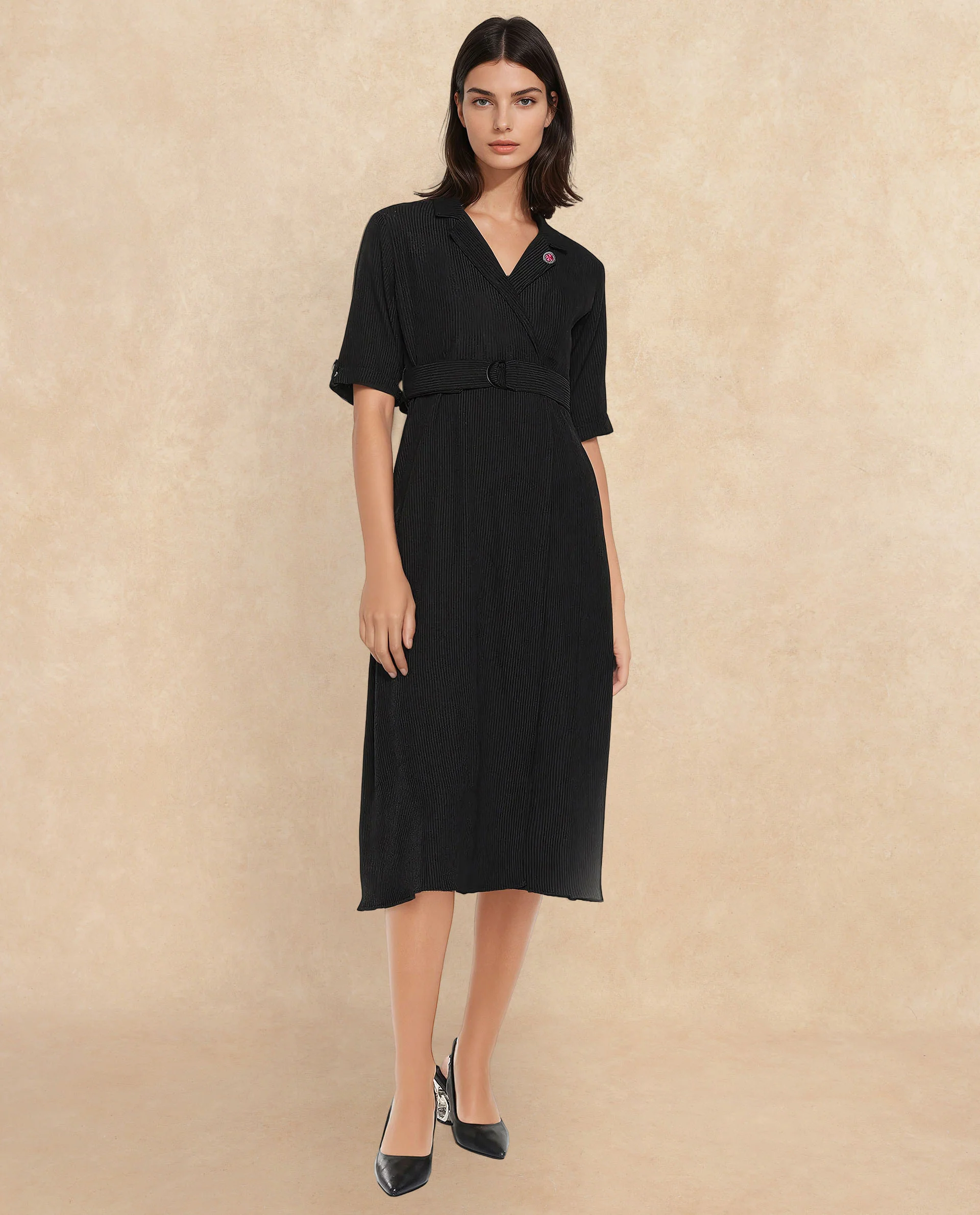 Rareism Women's Maso Black Polyester Lapel Neck Plain Midi A-Line Dress - Image 7