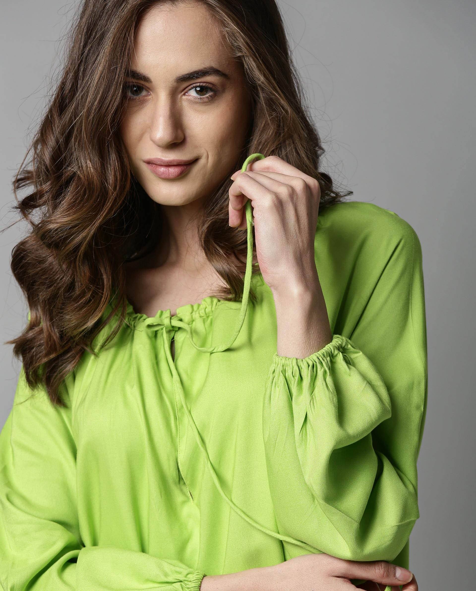 Rareism Women Mason Green Dress Full Sleeves Solid - Image 2