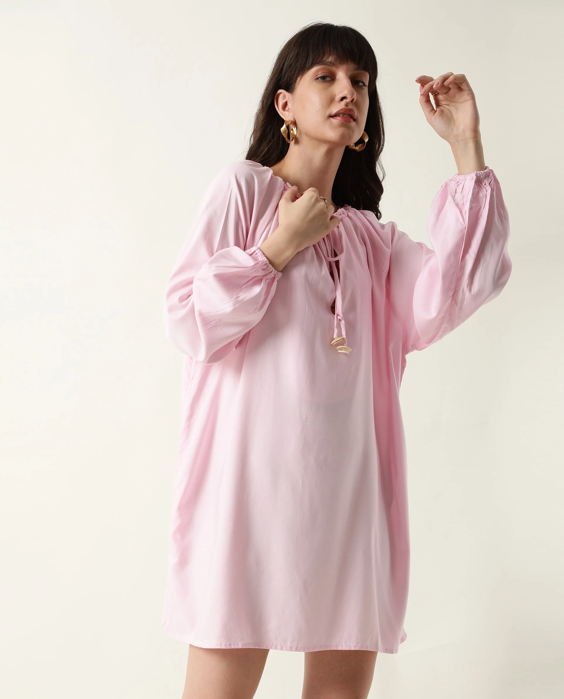 Rareism Women's Mason Pink Viscose Tie-Up Neck Plain Volume Sleeve Mini Relaxed Fit Dress