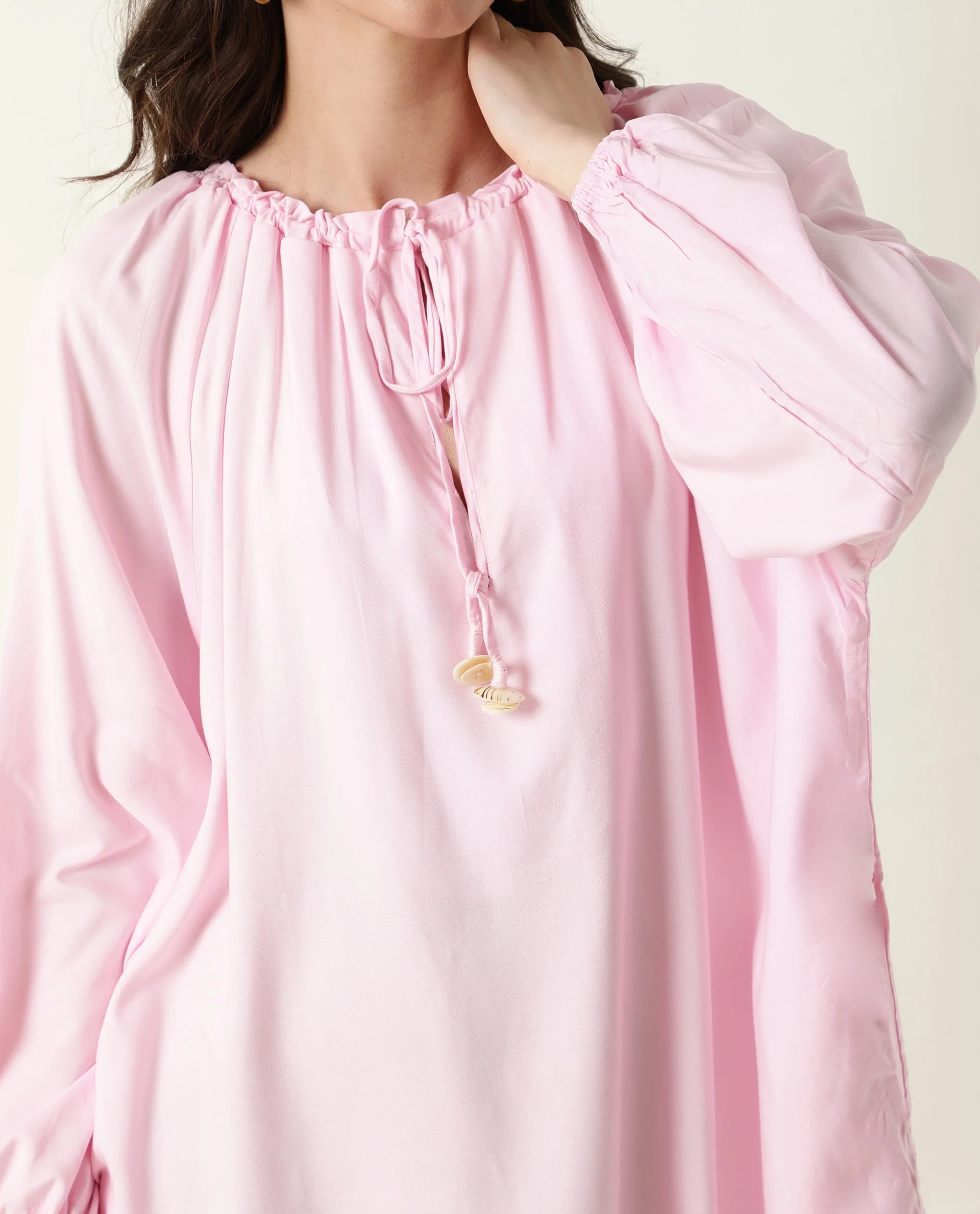 Rareism Women's Mason Pink Viscose Tie-Up Neck Plain Volume Sleeve Mini Relaxed Fit Dress - Image 2