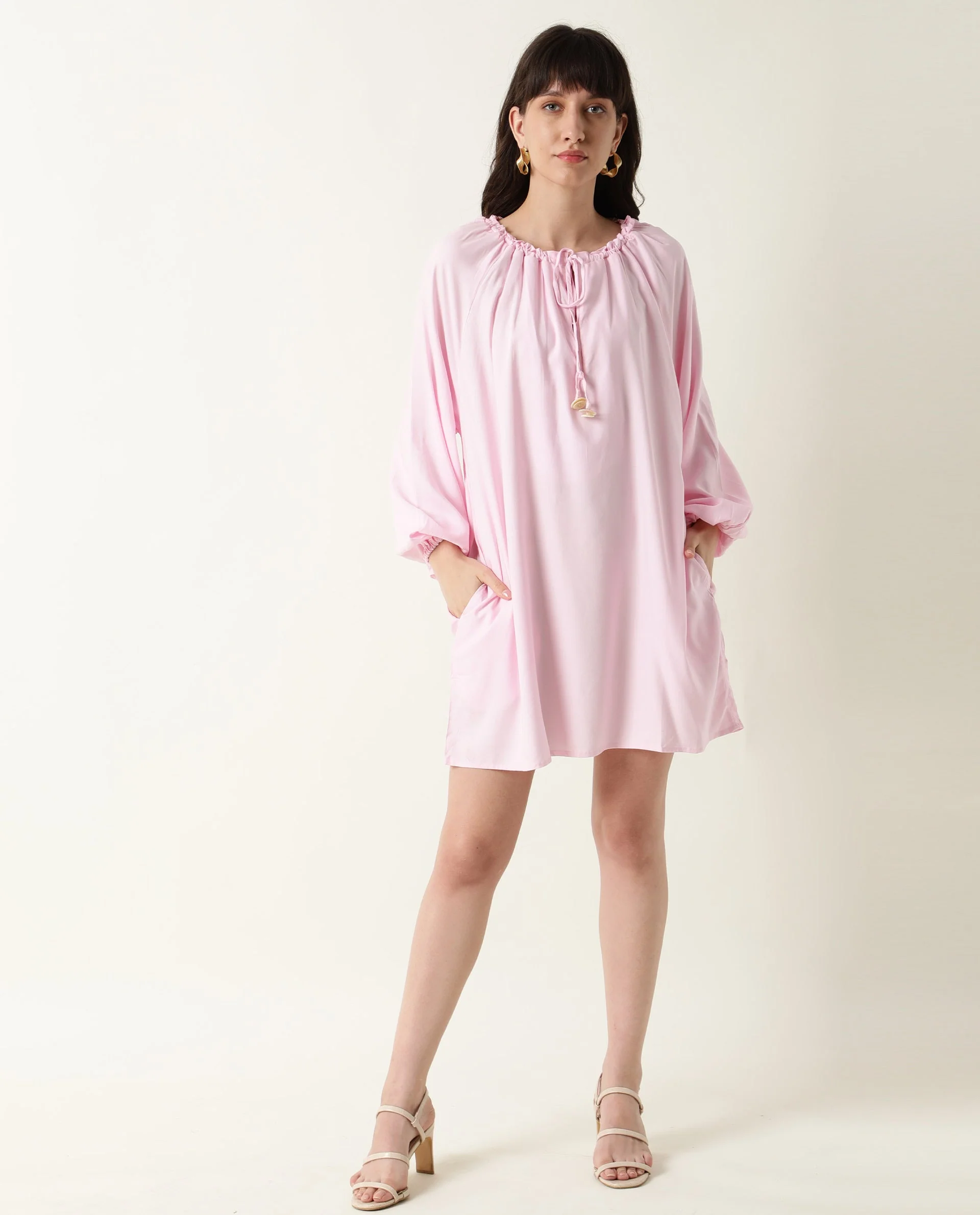 Rareism Women's Mason Pink Viscose Tie-Up Neck Plain Volume Sleeve Mini Relaxed Fit Dress - Image 3