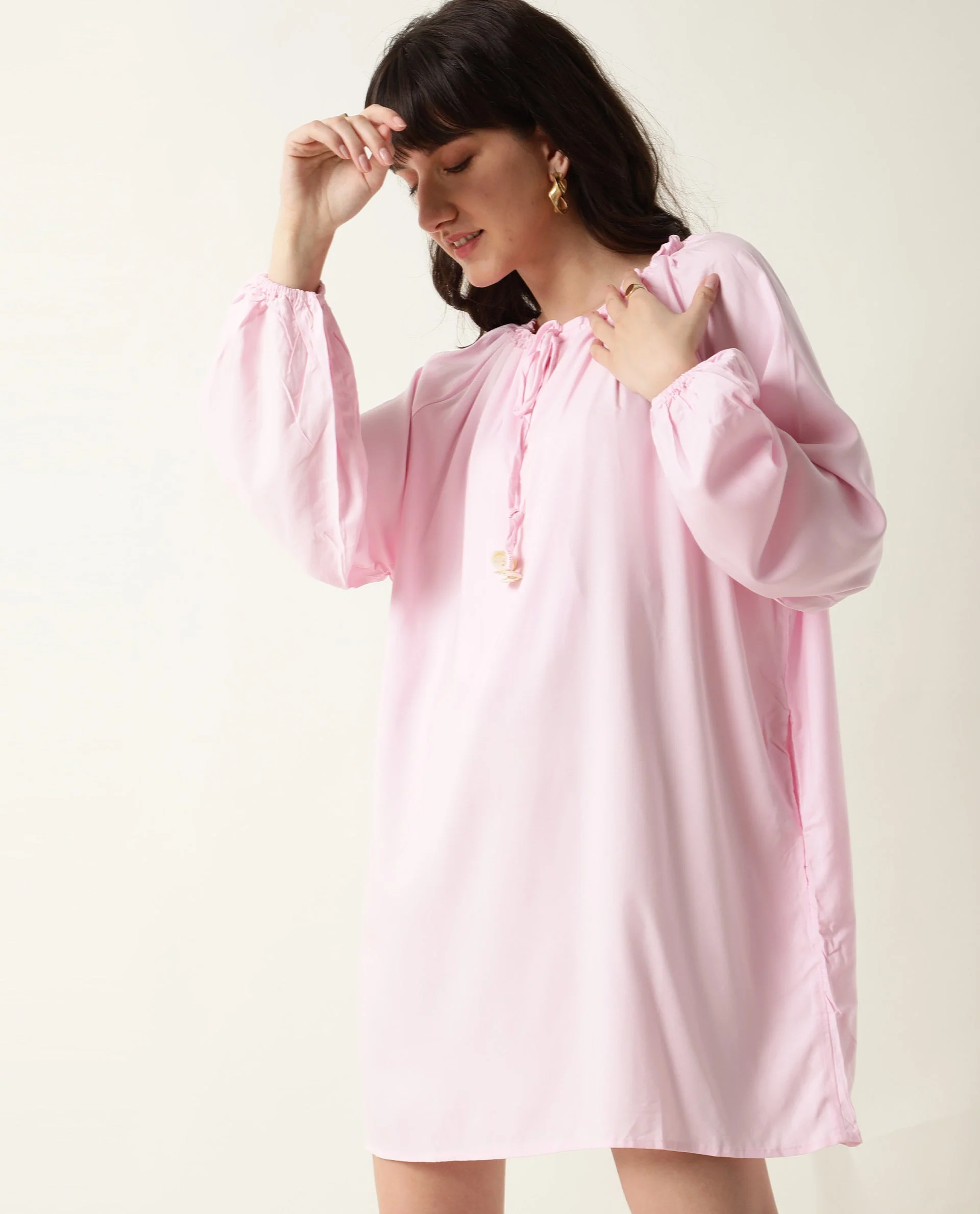 Rareism Women's Mason Pink Viscose Tie-Up Neck Plain Volume Sleeve Mini Relaxed Fit Dress - Image 4