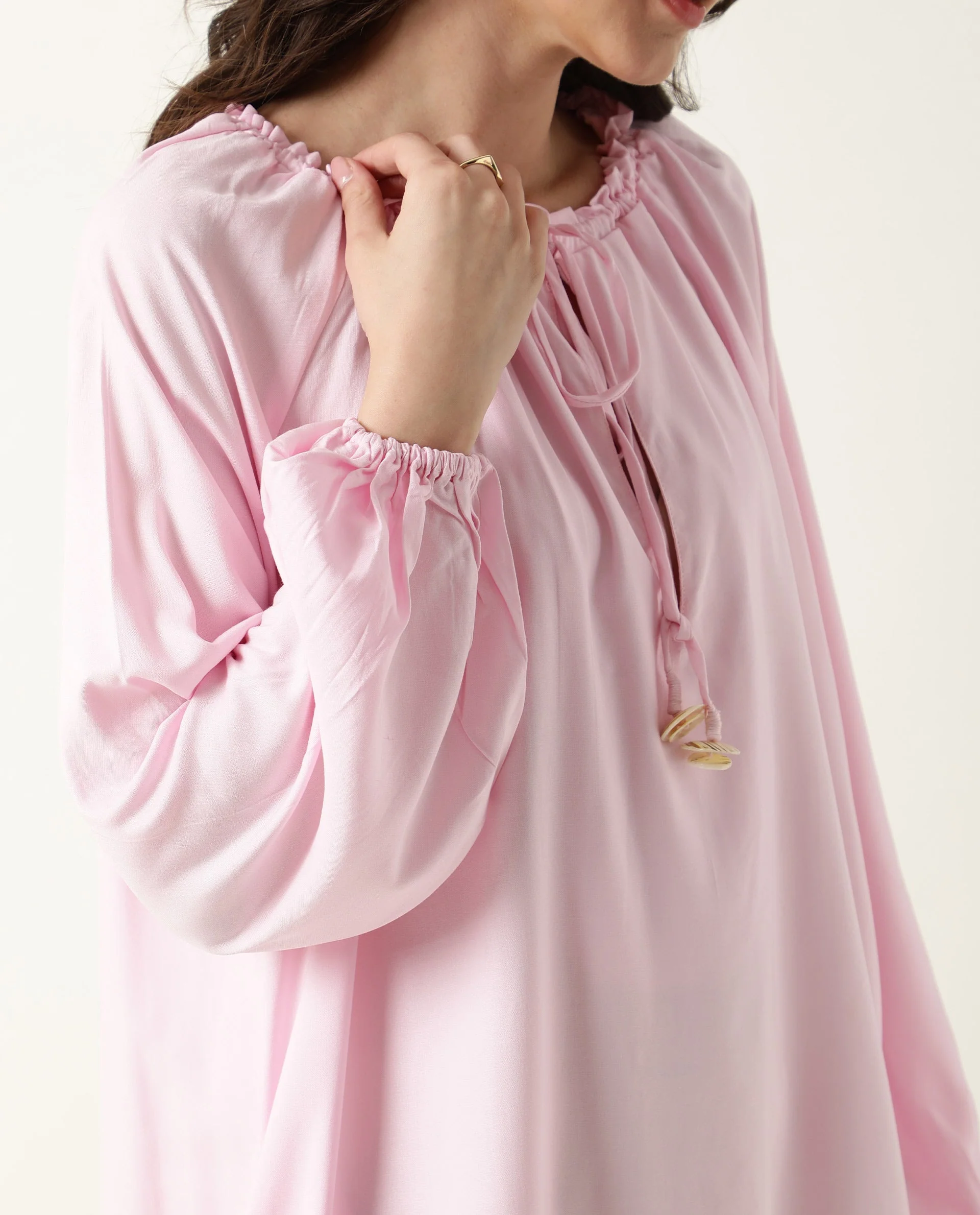 Rareism Women's Mason Pink Viscose Tie-Up Neck Plain Volume Sleeve Mini Relaxed Fit Dress - Image 5