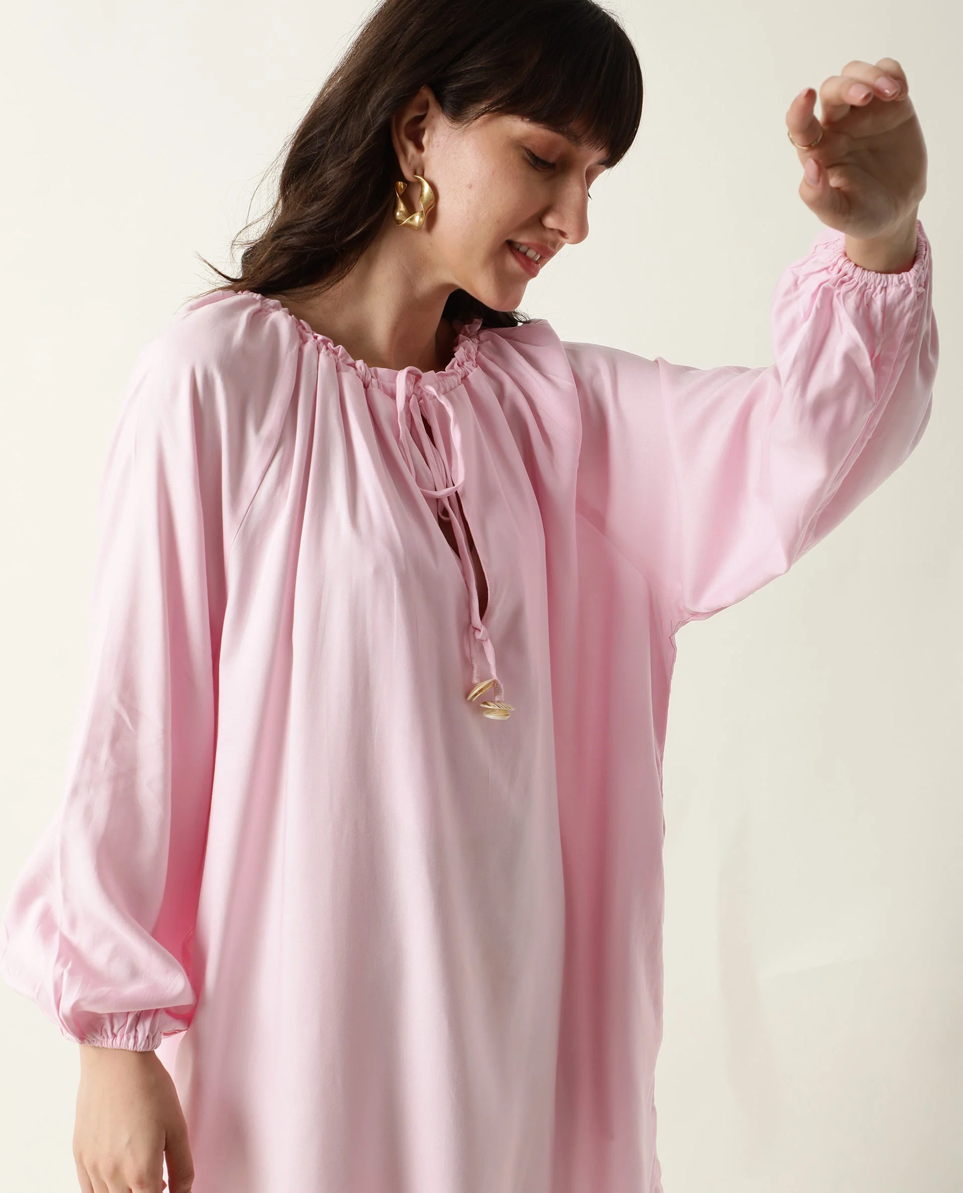 Rareism Women's Mason Pink Viscose Tie-Up Neck Plain Volume Sleeve Mini Relaxed Fit Dress - Image 6