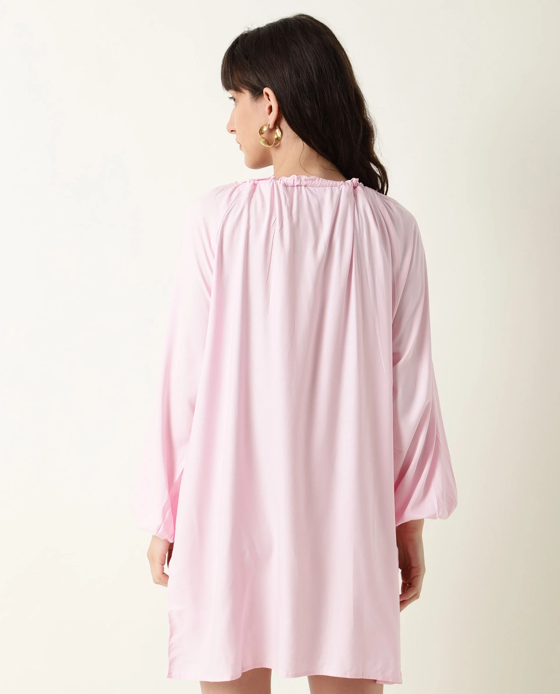 Rareism Women's Mason Pink Viscose Tie-Up Neck Plain Volume Sleeve Mini Relaxed Fit Dress - Image 7