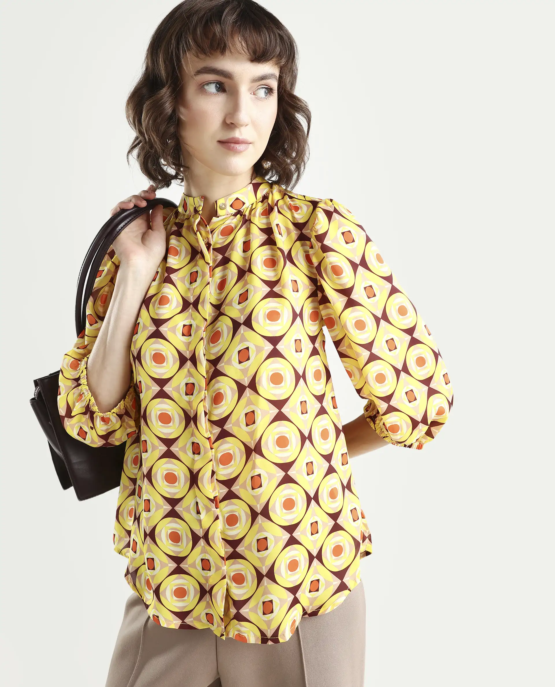 Rareism Women's Mason Yellow Polyester Mandarin Collar Geometric Print Balloon Sleeve Regular Fit Top