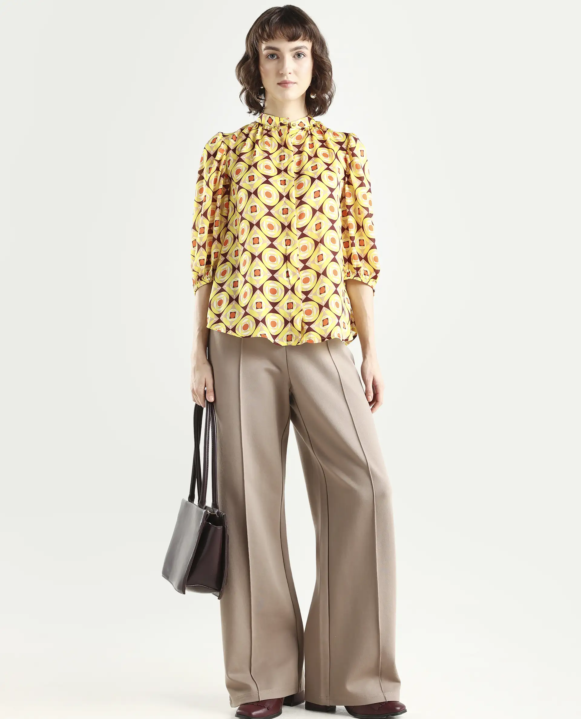 Rareism Women's Mason Yellow Polyester Mandarin Collar Geometric Print Balloon Sleeve Regular Fit Top - Image 2