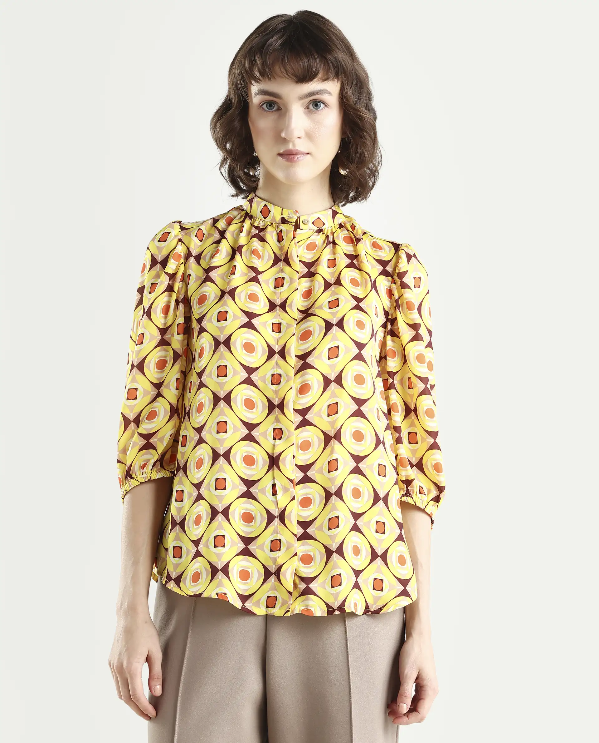 Rareism Women's Mason Yellow Polyester Mandarin Collar Geometric Print Balloon Sleeve Regular Fit Top - Image 3
