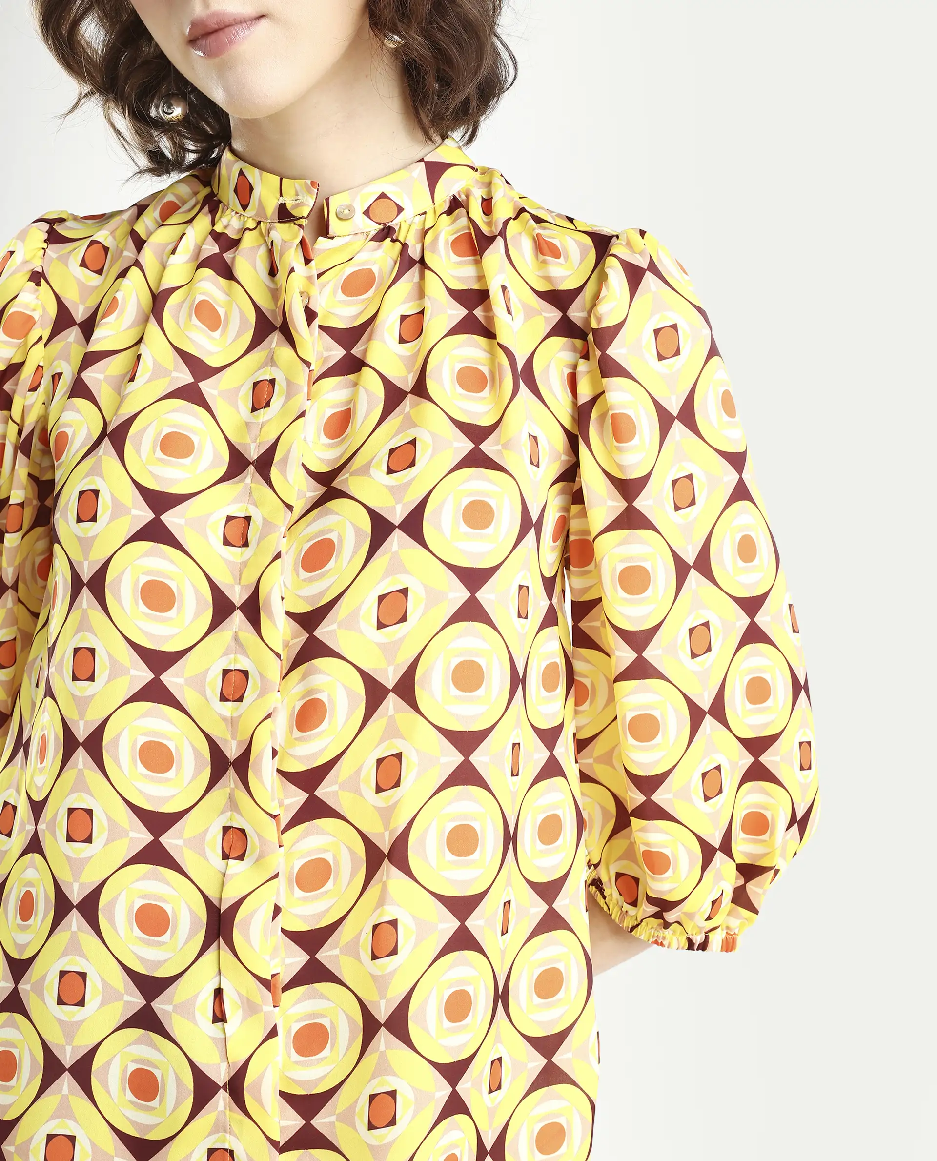 Rareism Women's Mason Yellow Polyester Mandarin Collar Geometric Print Balloon Sleeve Regular Fit Top - Image 4