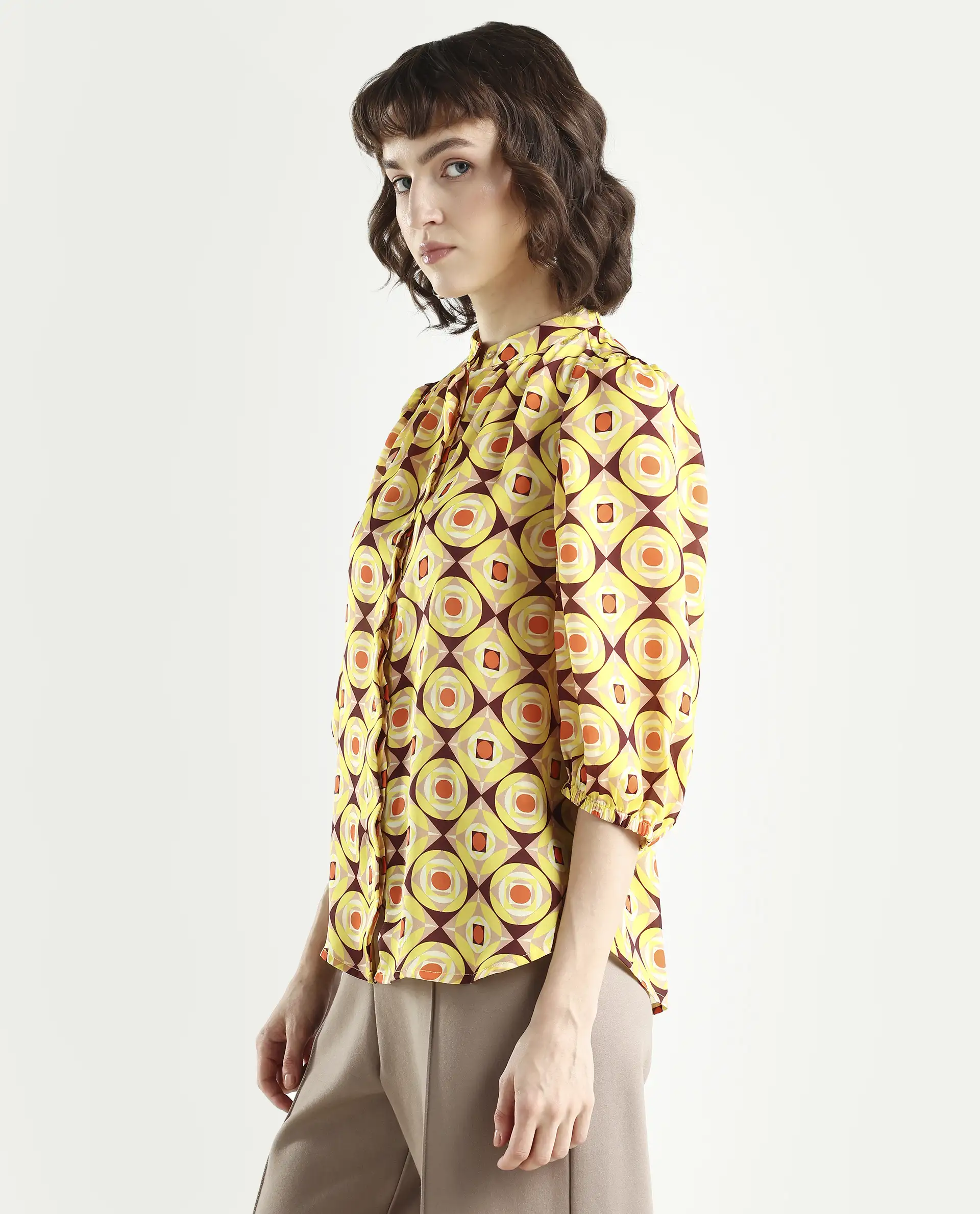 Rareism Women's Mason Yellow Polyester Mandarin Collar Geometric Print Balloon Sleeve Regular Fit Top - Image 5