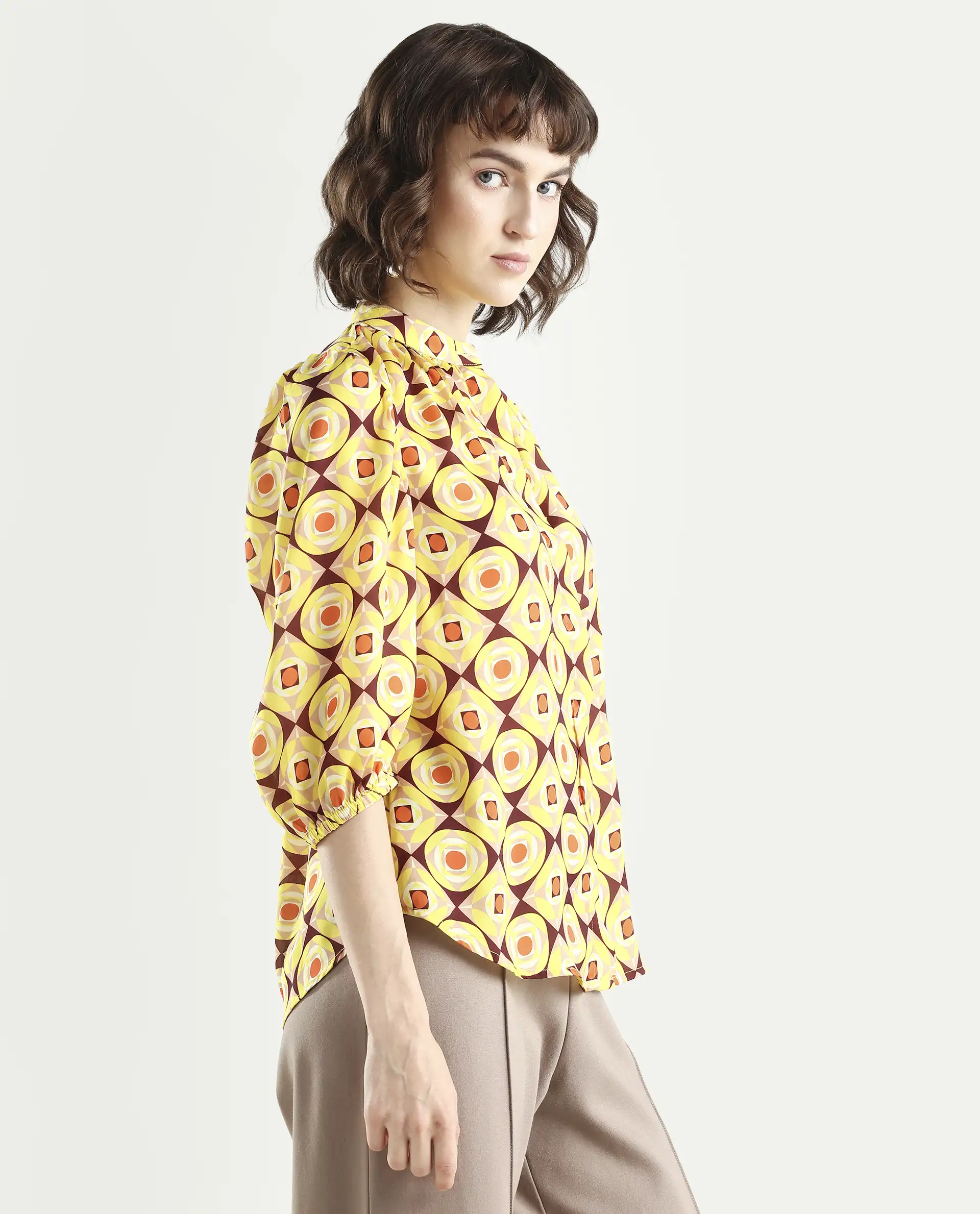 Rareism Women's Mason Yellow Polyester Mandarin Collar Geometric Print Balloon Sleeve Regular Fit Top - Image 6