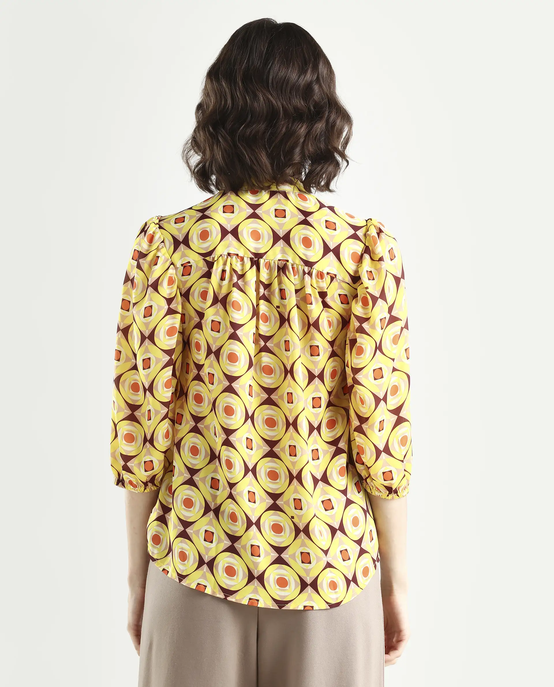 Rareism Women's Mason Yellow Polyester Mandarin Collar Geometric Print Balloon Sleeve Regular Fit Top - Image 7