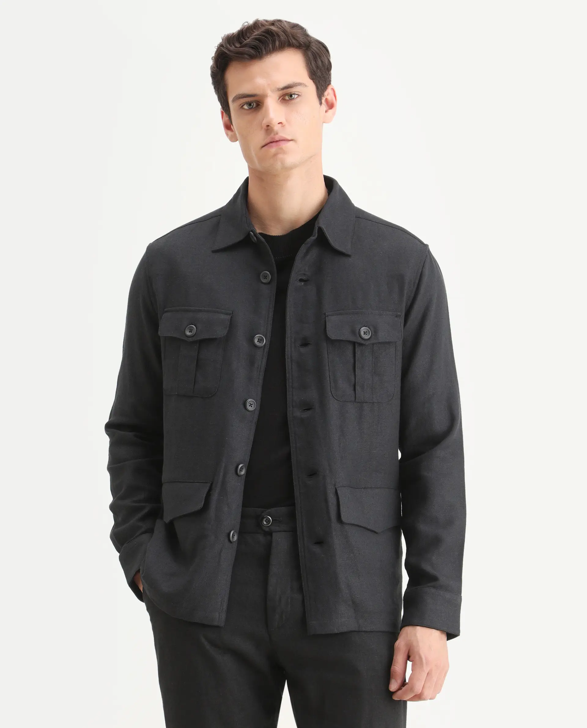 Rare Rabbit Men's Masoni-T Black Linen Blend Fabric Collared Neck Regular Fit Plain Jacket