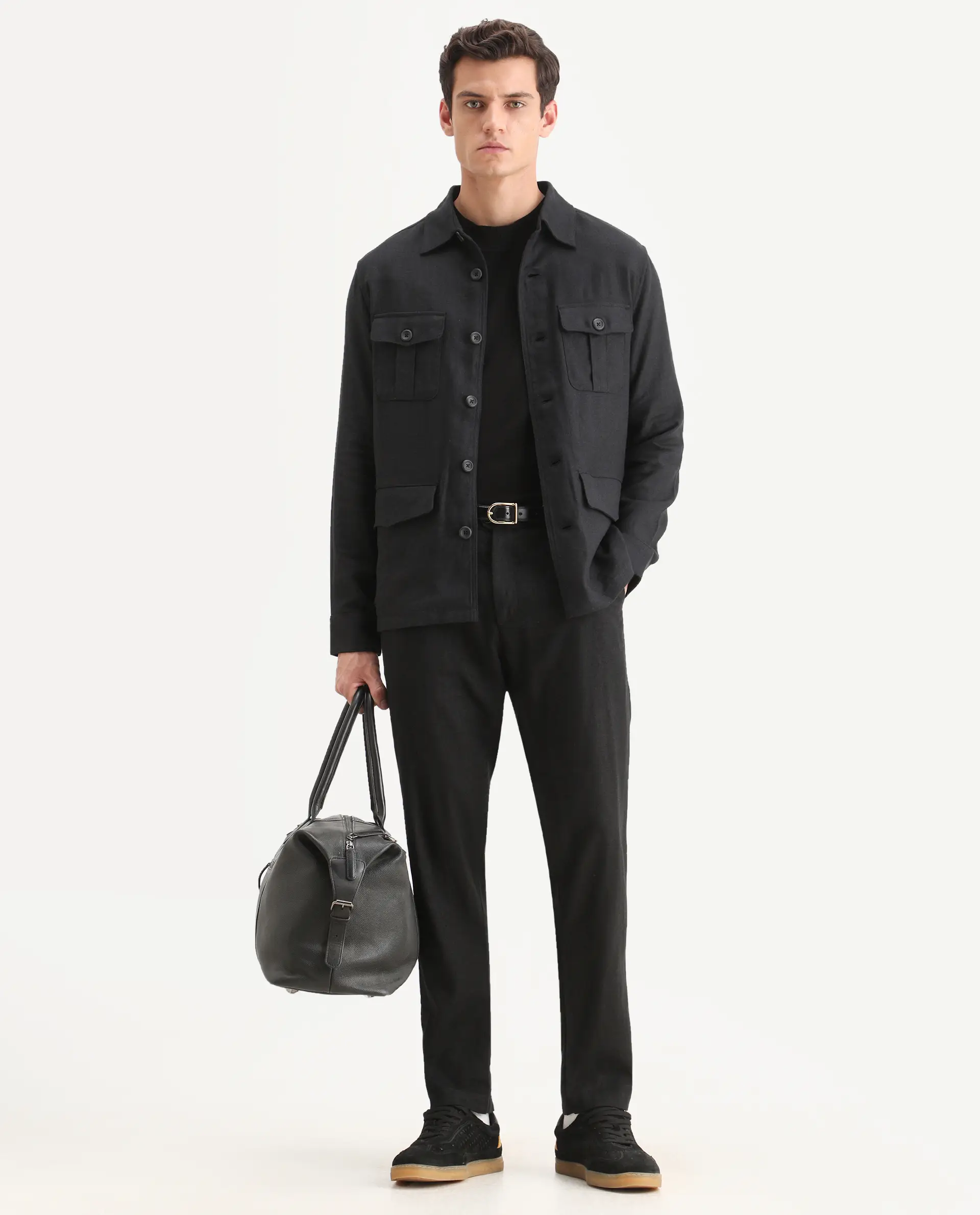 Rare Rabbit Men's Masoni-T Black Linen Blend Fabric Collared Neck Regular Fit Plain Jacket - Image 2