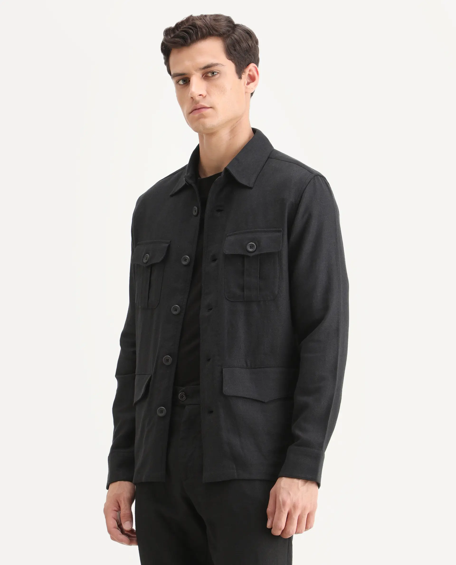 Rare Rabbit Men's Masoni-T Black Linen Blend Fabric Collared Neck Regular Fit Plain Jacket - Image 4