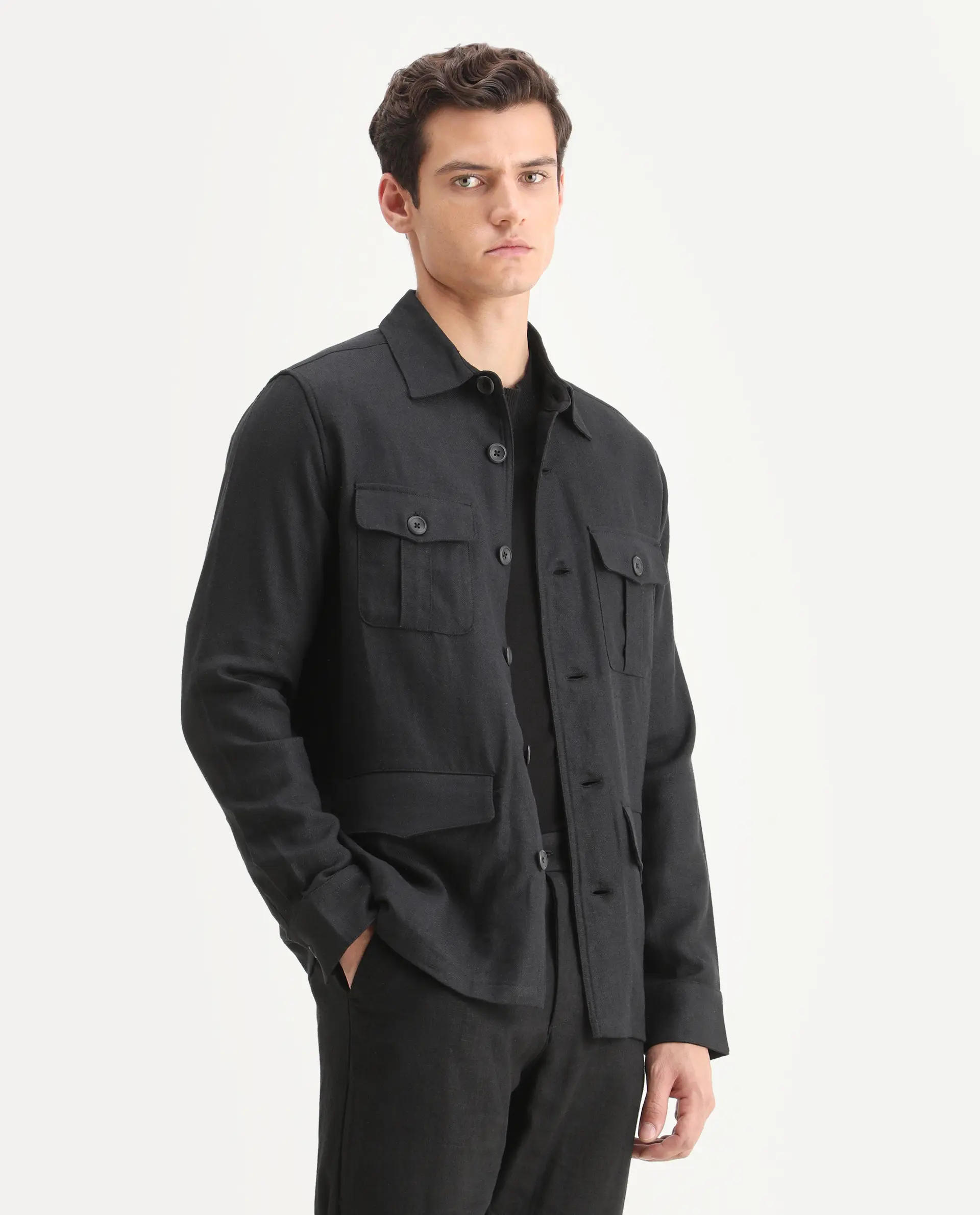 Rare Rabbit Men's Masoni-T Black Linen Blend Fabric Collared Neck Regular Fit Plain Jacket - Image 5