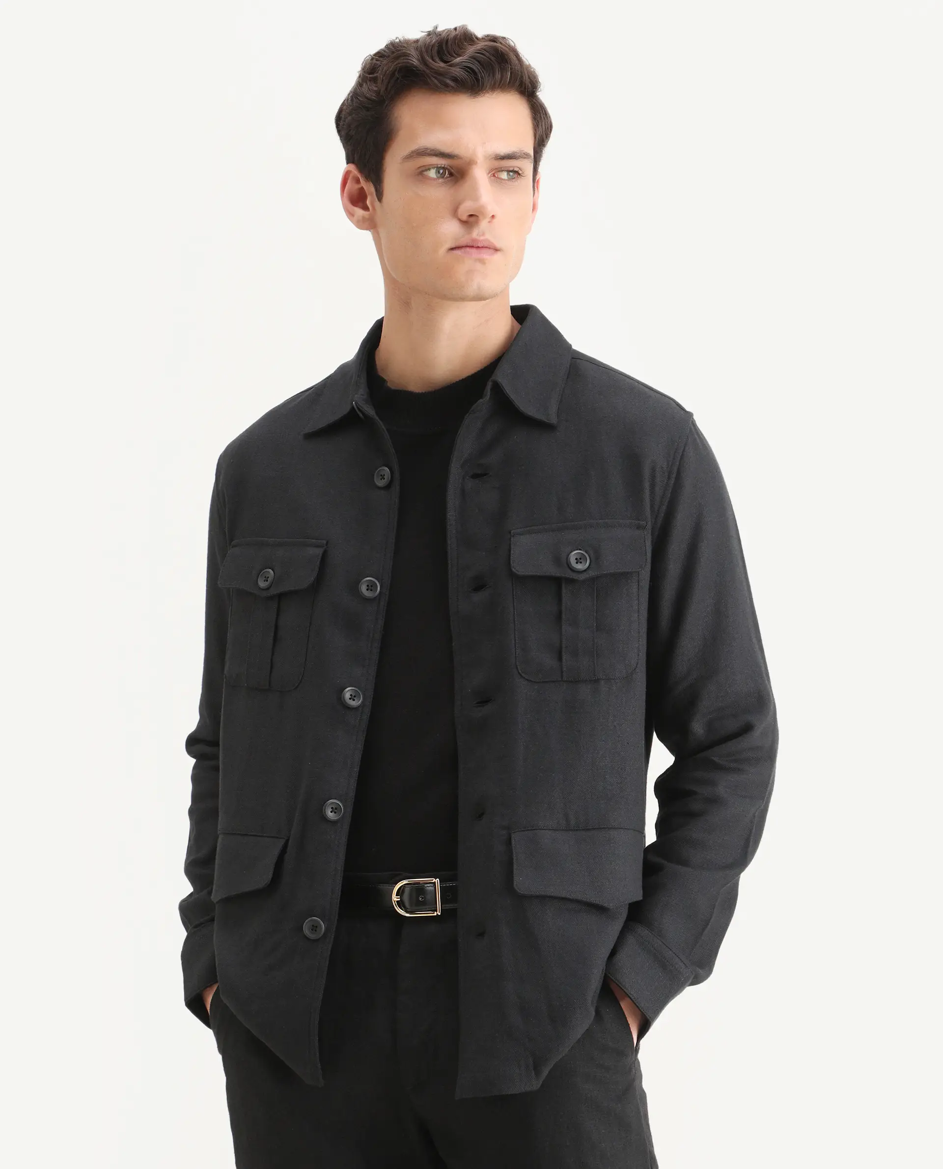 Rare Rabbit Men's Masoni-T Black Linen Blend Fabric Collared Neck Regular Fit Plain Jacket - Image 6