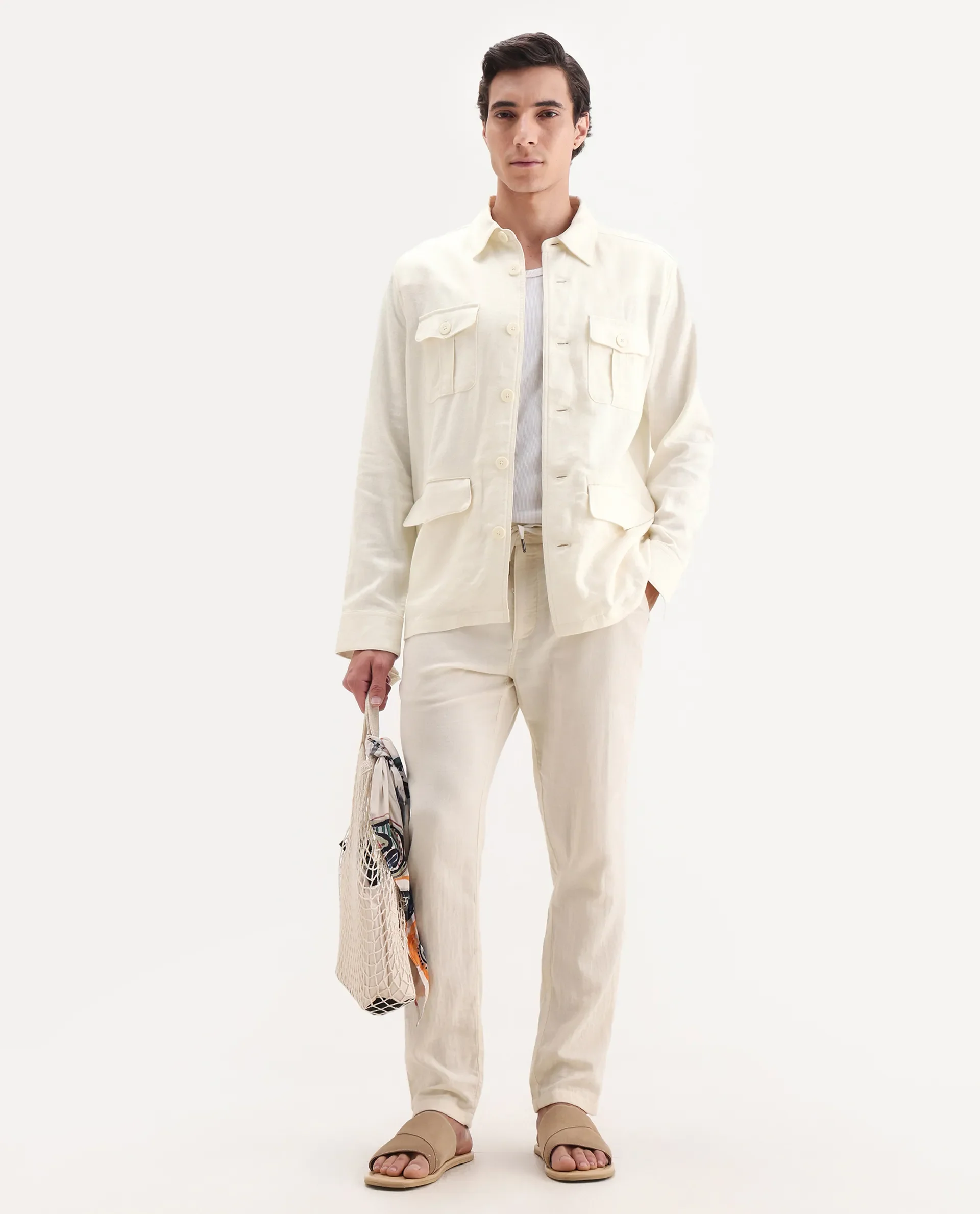 Rare Rabbit Men's Masoni-T Off White Linen Blend Fabric Collared Neck Regular Fit Plain Jacket - Image 2