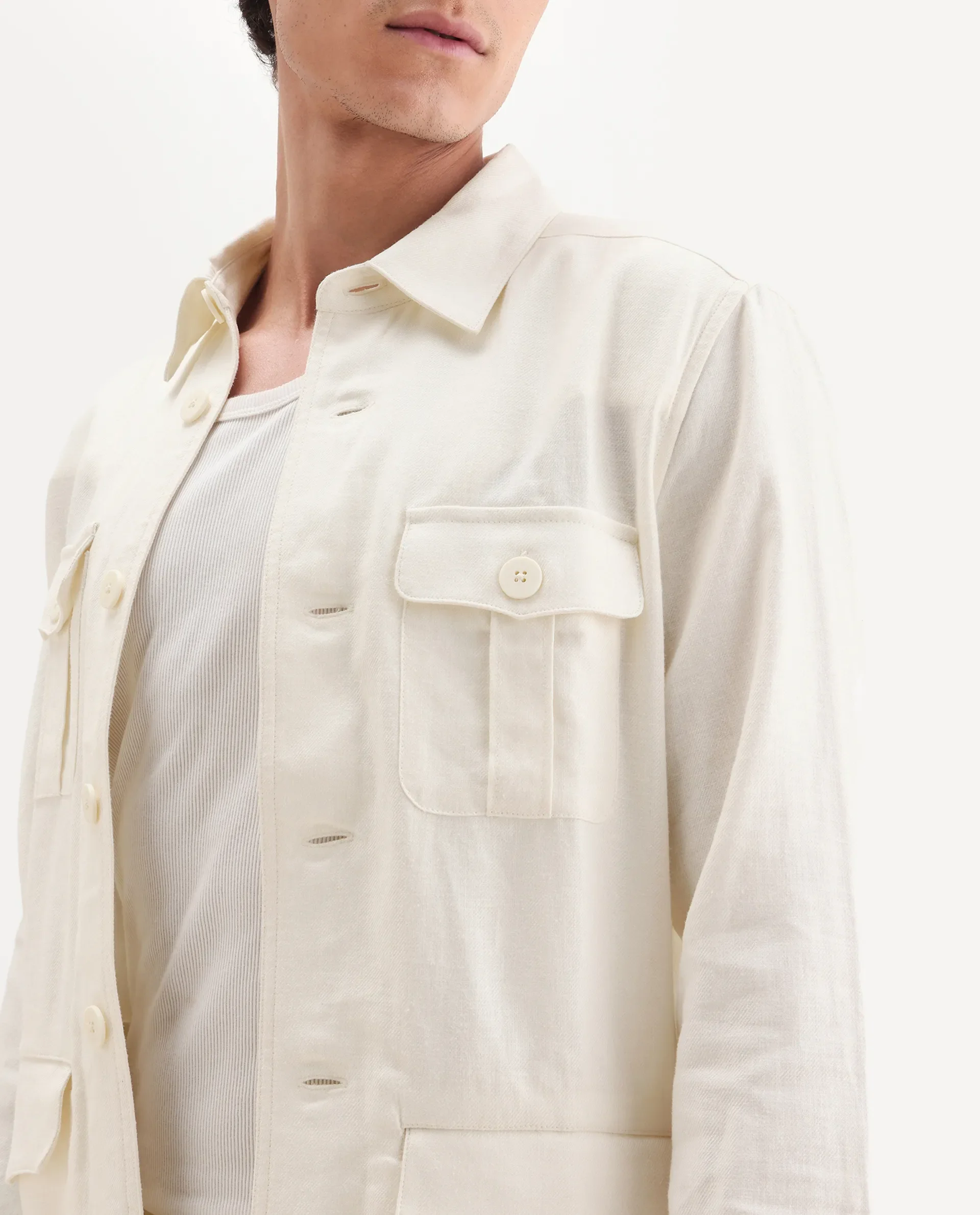 Rare Rabbit Men's Masoni-T Off White Linen Blend Fabric Collared Neck Regular Fit Plain Jacket - Image 3