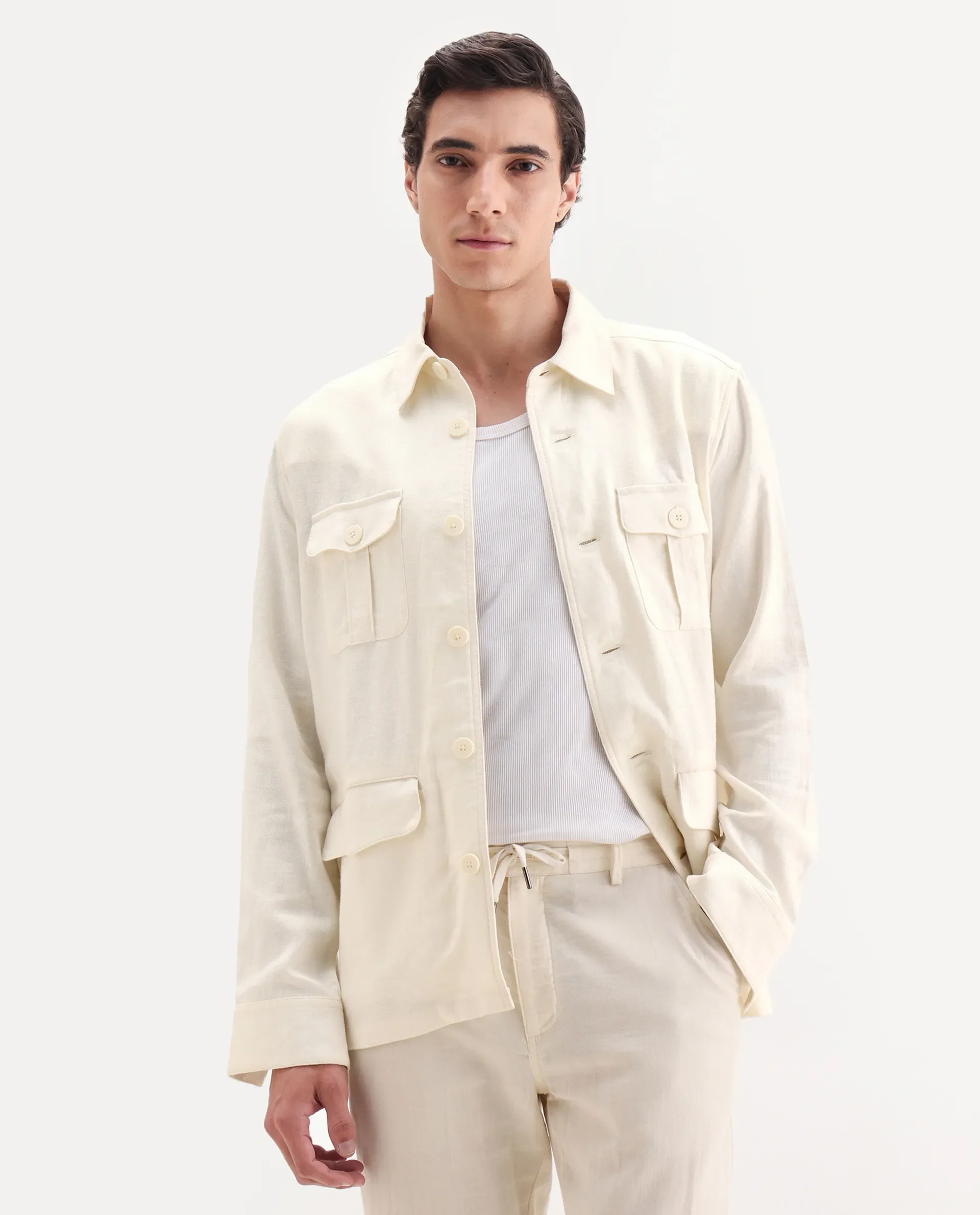 Rare Rabbit Men's Masoni-T Off White Linen Blend Fabric Collared Neck Regular Fit Plain Jacket - Image 4