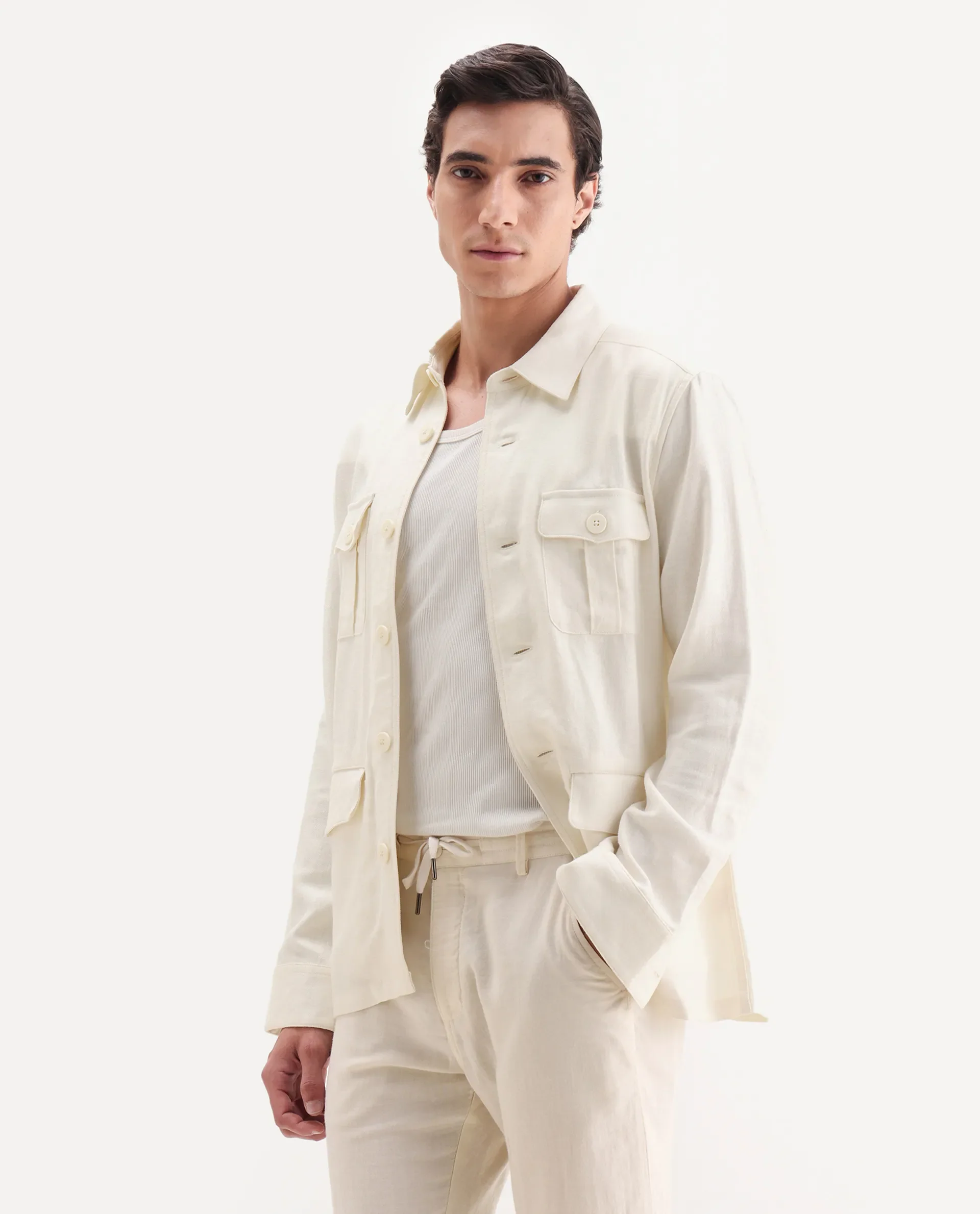 Rare Rabbit Men's Masoni-T Off White Linen Blend Fabric Collared Neck Regular Fit Plain Jacket - Image 5