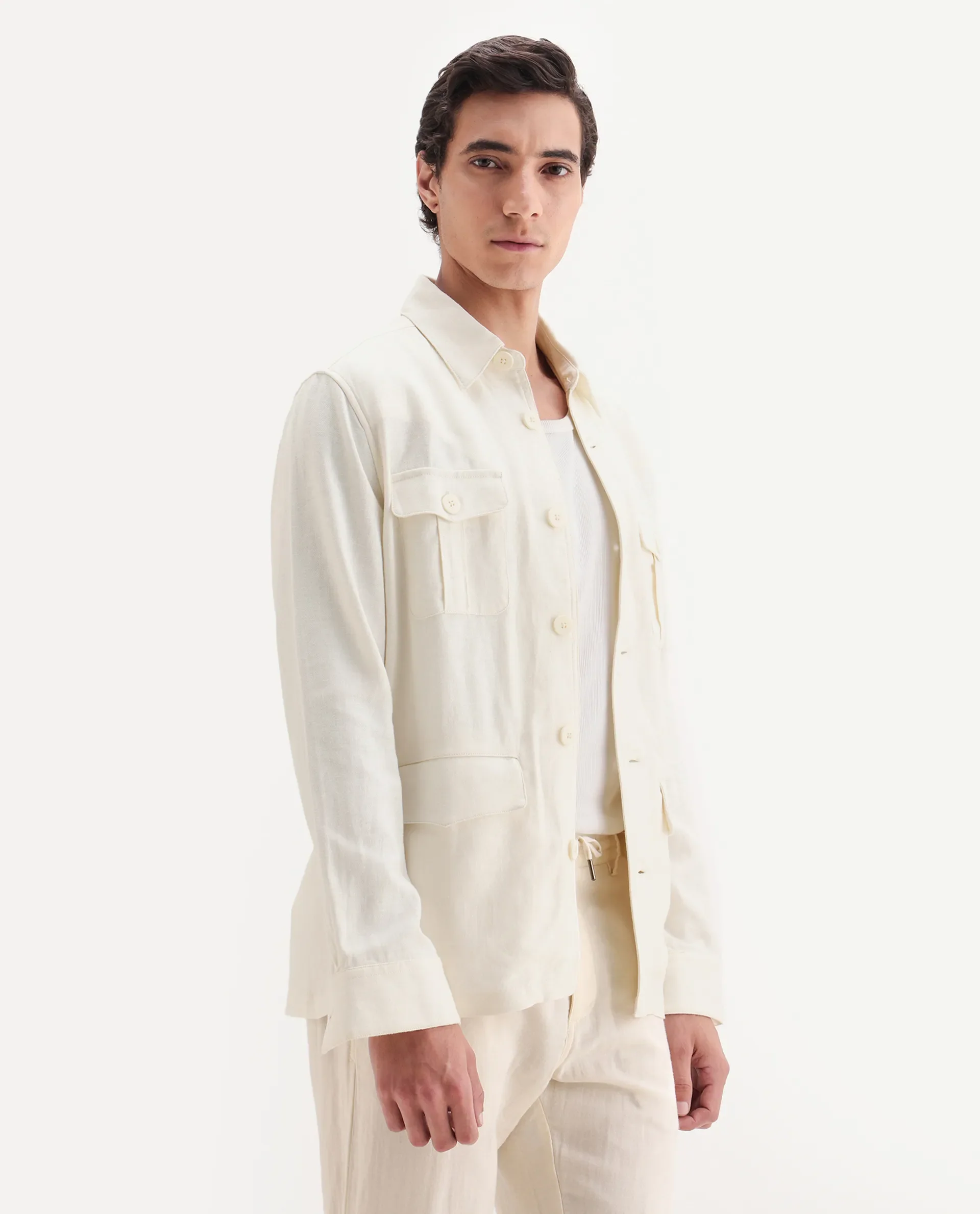 Rare Rabbit Men's Masoni-T Off White Linen Blend Fabric Collared Neck Regular Fit Plain Jacket - Image 6