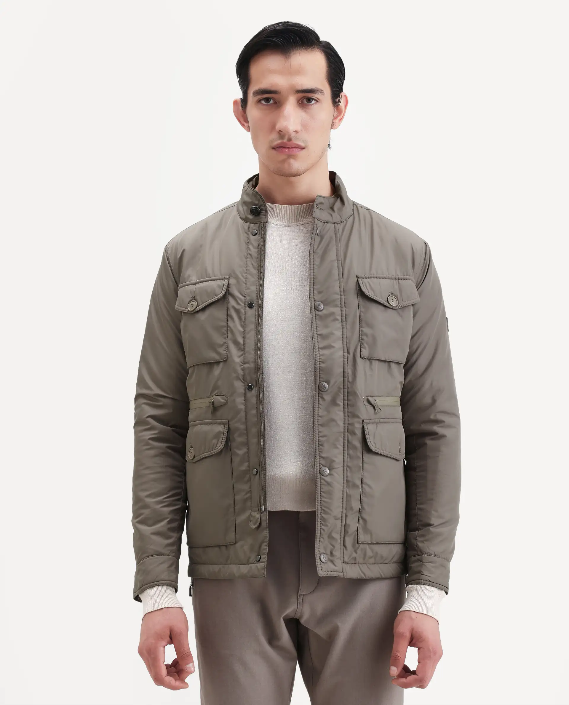 Rare Rabbit Men's Mass Beige Polyester Plain Regular Fit Full Sleeve High Neck Jacket - Image 3