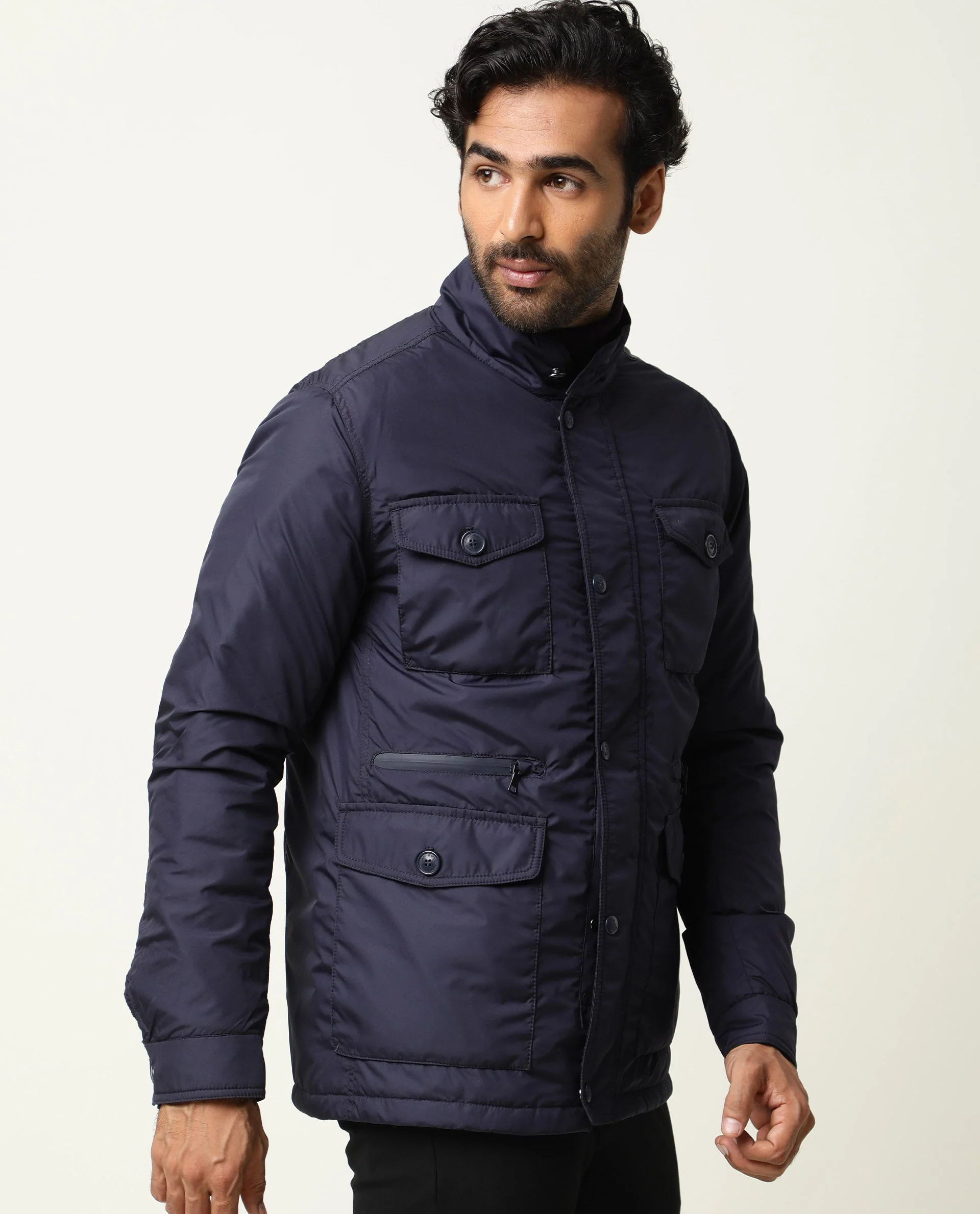 Rare Rabbit Men's Mass Navy Polyester Plain Relaxed Fit Full Sleeve Mandarin Collar Jacket - Image 2