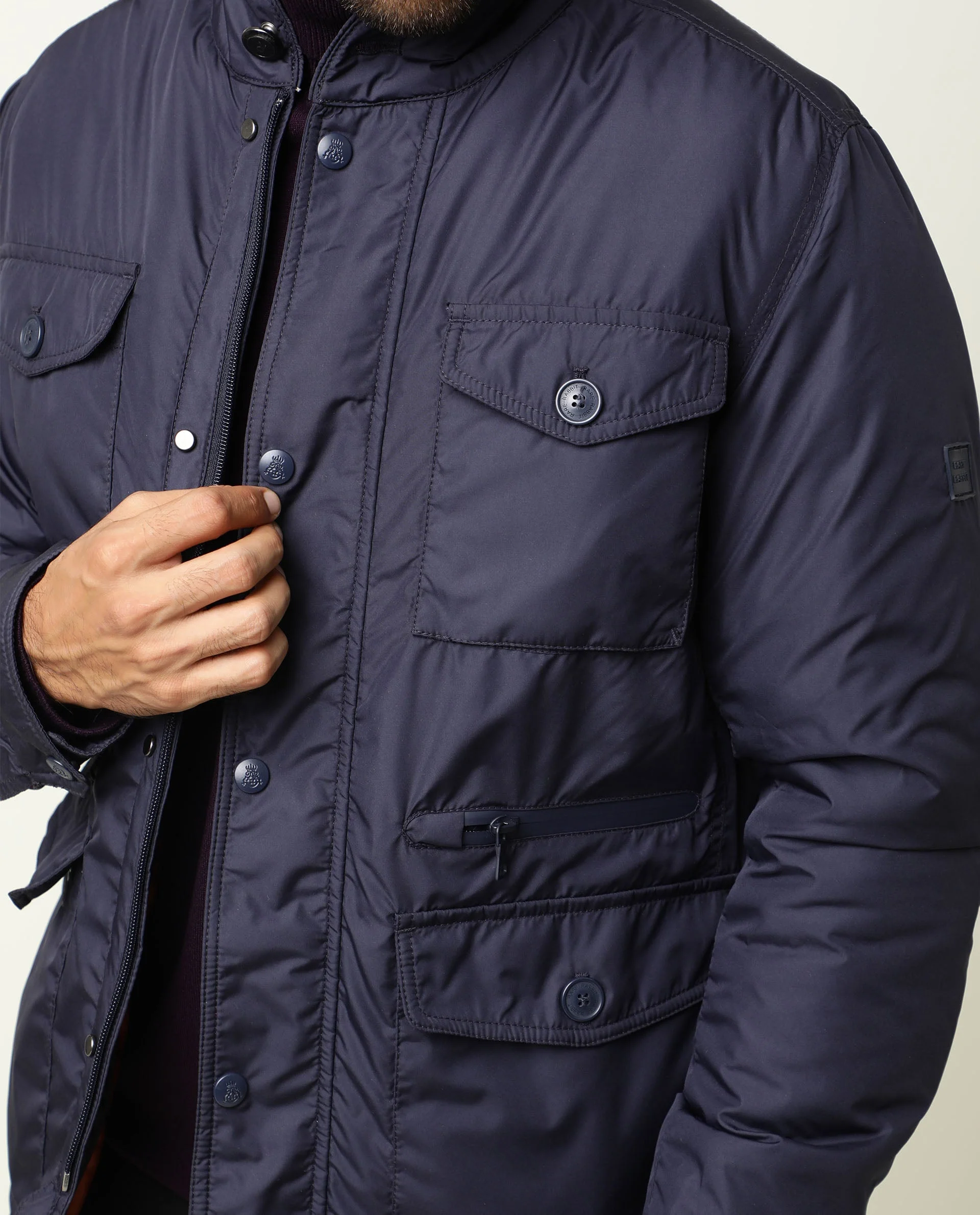 Rare Rabbit Men's Mass Navy Polyester Plain Relaxed Fit Full Sleeve Mandarin Collar Jacket - Image 3