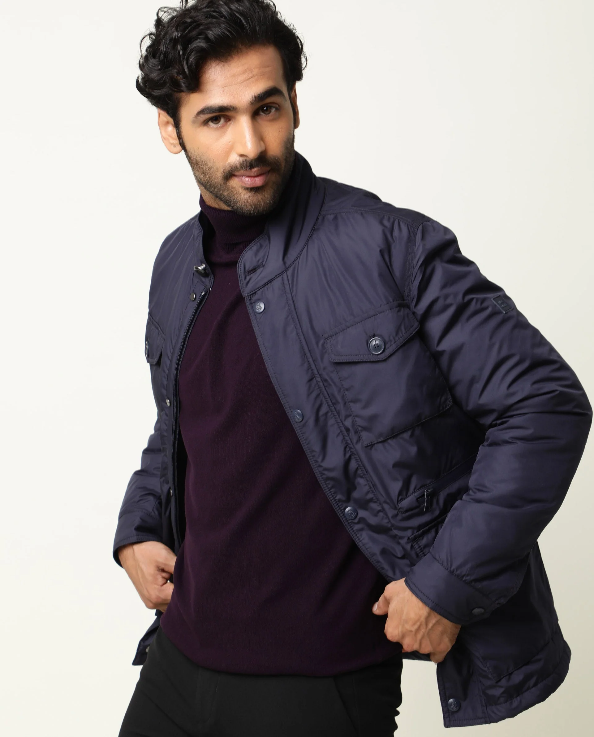 Rare Rabbit Men's Mass Navy Polyester Plain Relaxed Fit Full Sleeve Mandarin Collar Jacket - Image 4