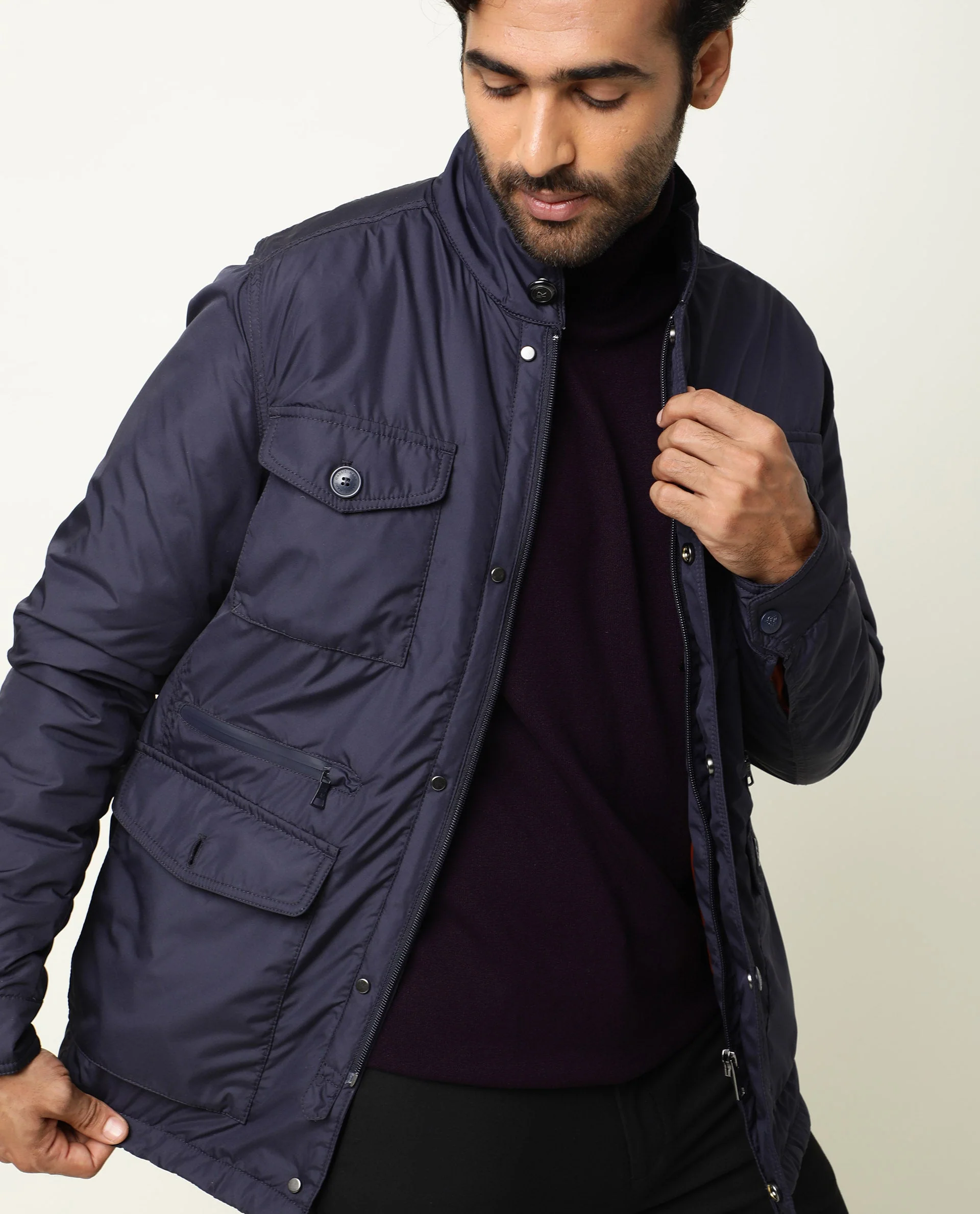 Rare Rabbit Men's Mass Navy Polyester Plain Relaxed Fit Full Sleeve Mandarin Collar Jacket - Image 5