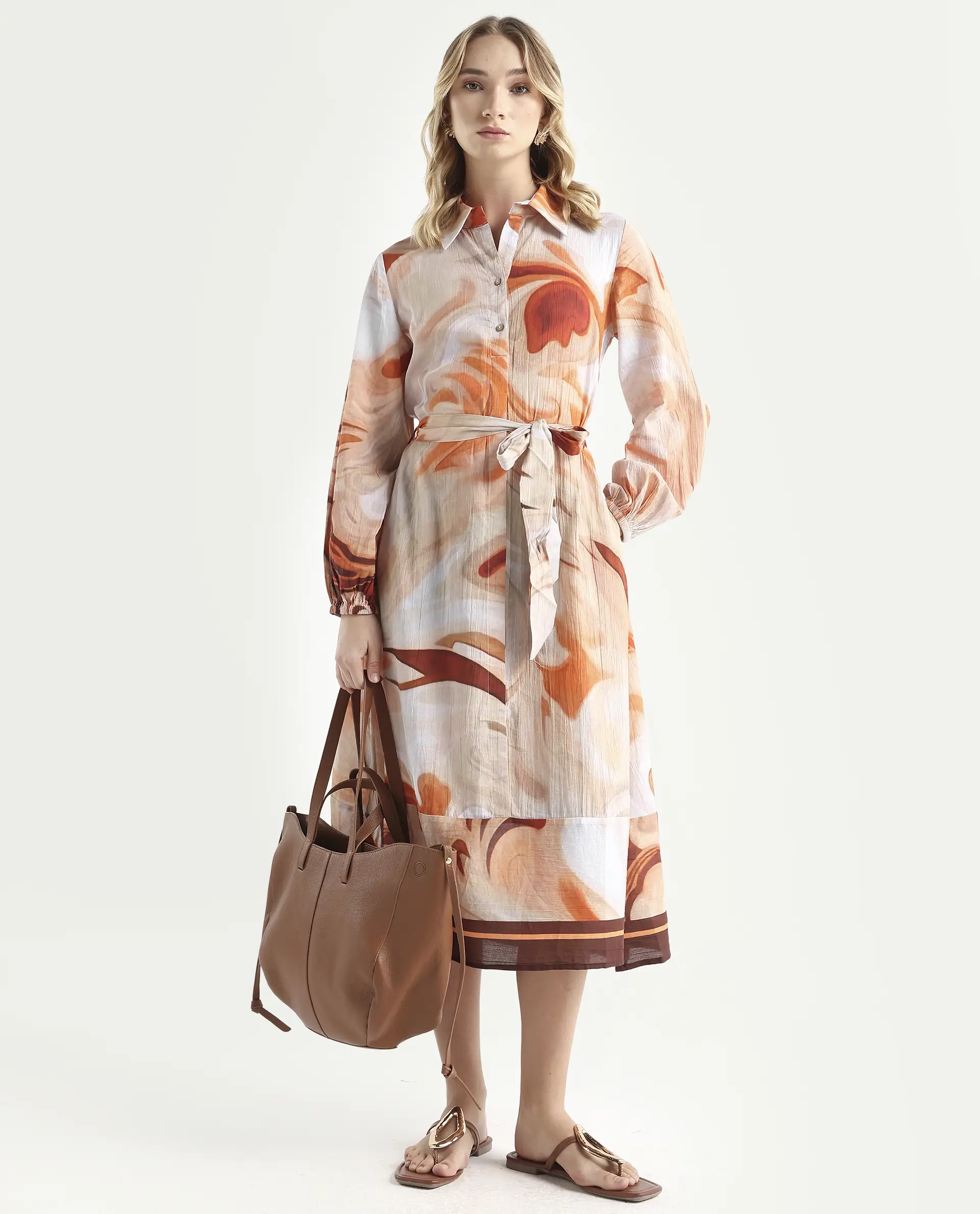 Rareism Women's Massa Light Multi Viscose Blend Drop Collar Abstract Print Bishop Sleeve Midi Relaxed Fit Dress - Image 2