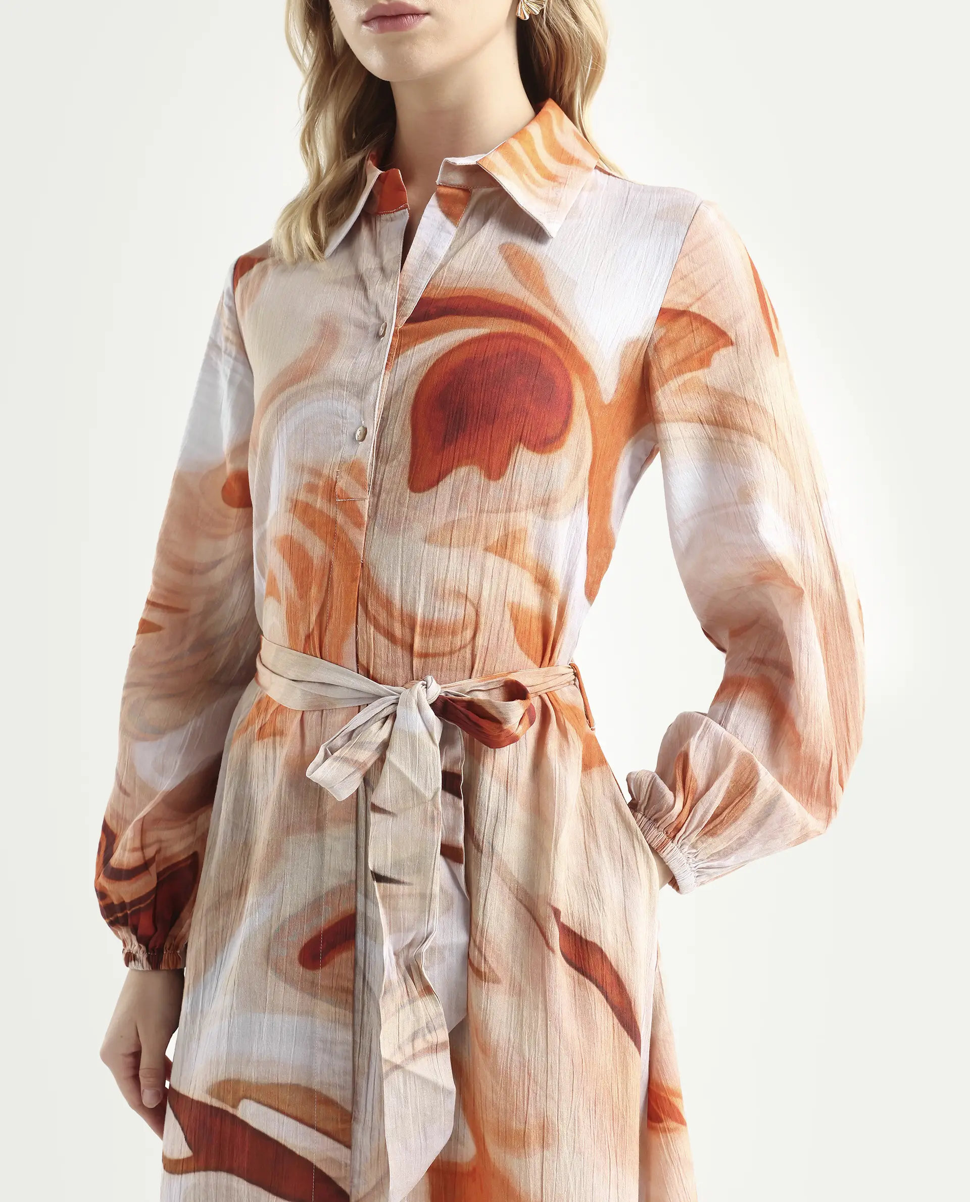 Rareism Women's Massa Light Multi Viscose Blend Drop Collar Abstract Print Bishop Sleeve Midi Relaxed Fit Dress - Image 3
