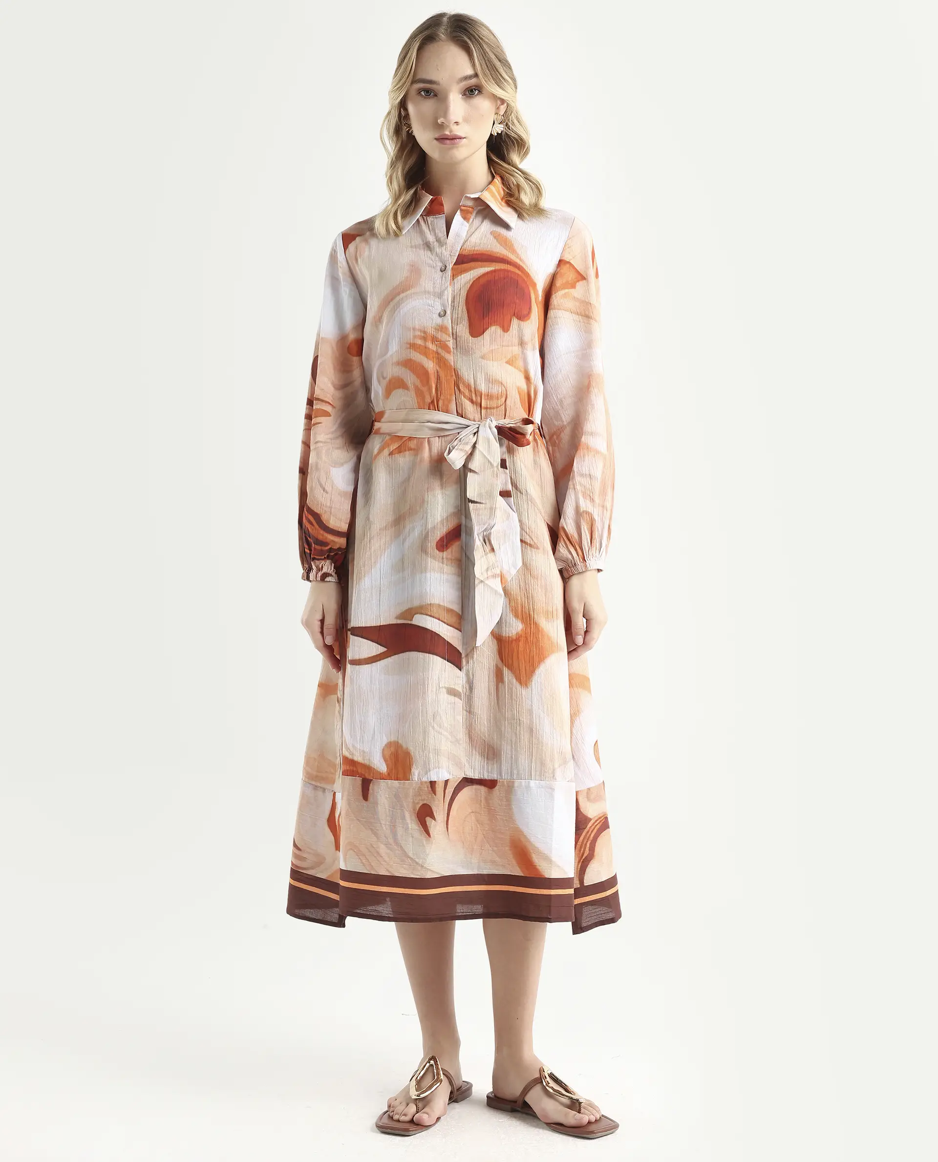Rareism Women's Massa Light Multi Viscose Blend Drop Collar Abstract Print Bishop Sleeve Midi Relaxed Fit Dress - Image 4