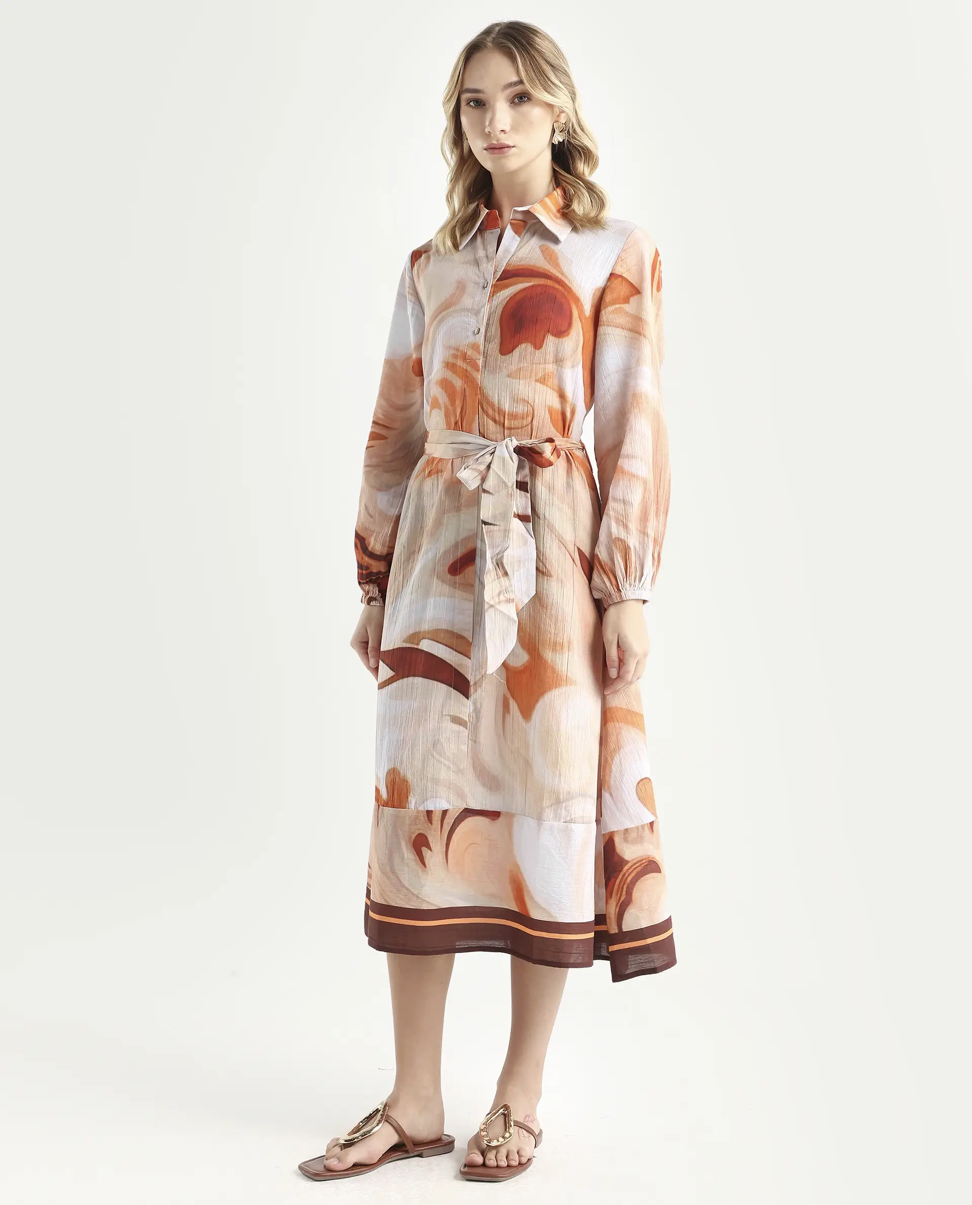 Rareism Women's Massa Light Multi Viscose Blend Drop Collar Abstract Print Bishop Sleeve Midi Relaxed Fit Dress - Image 5