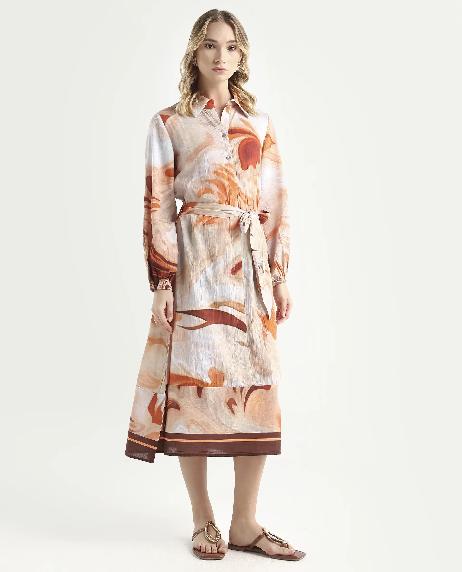 Rareism Women's Massa Light Multi Viscose Blend Drop Collar Abstract Print Bishop Sleeve Midi Relaxed Fit Dress - Image 6
