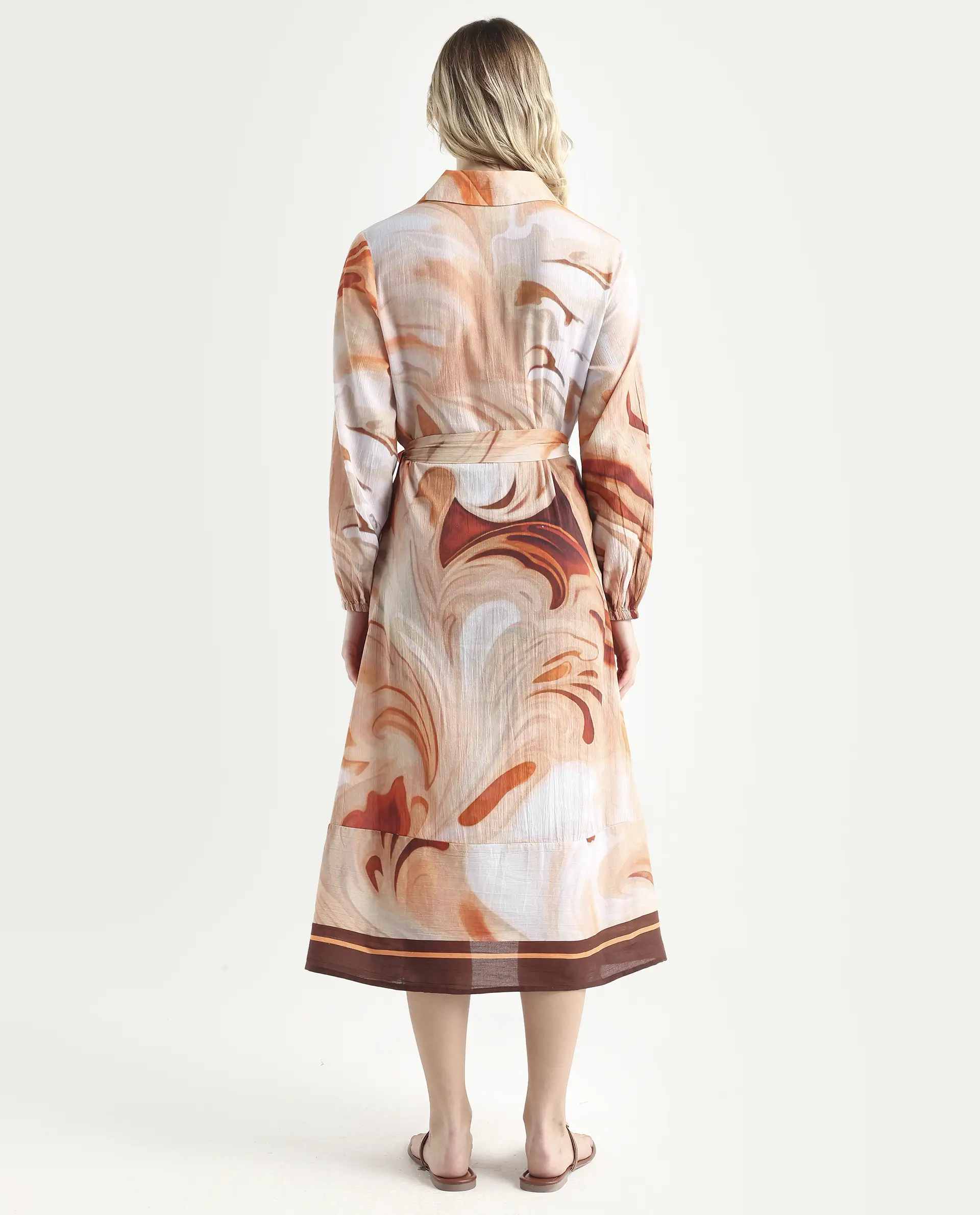 Rareism Women's Massa Light Multi Viscose Blend Drop Collar Abstract Print Bishop Sleeve Midi Relaxed Fit Dress - Image 7