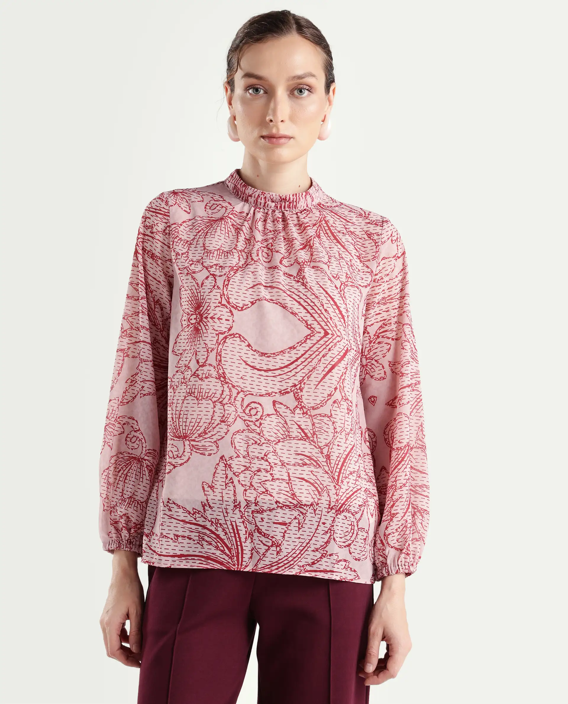Rareism Women's Massy Multi Cotton Blend High Neck Abstract Print Bishop Sleeve Regular Fit Top - Image 3