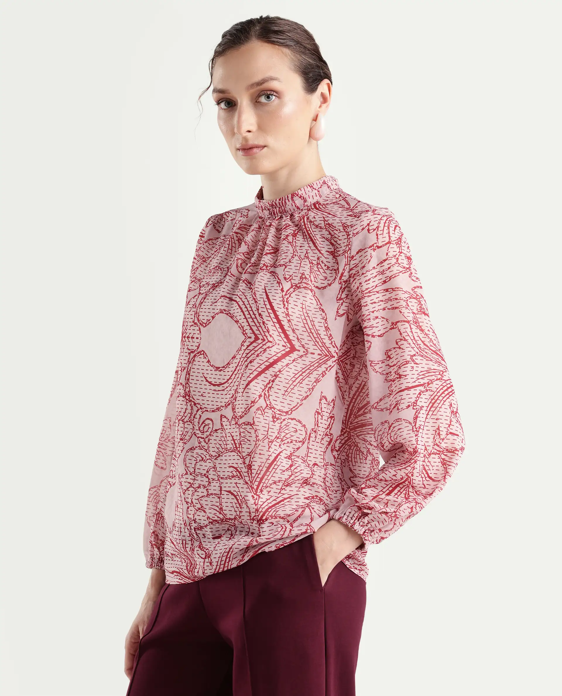 Rareism Women's Massy Multi Cotton Blend High Neck Abstract Print Bishop Sleeve Regular Fit Top - Image 5