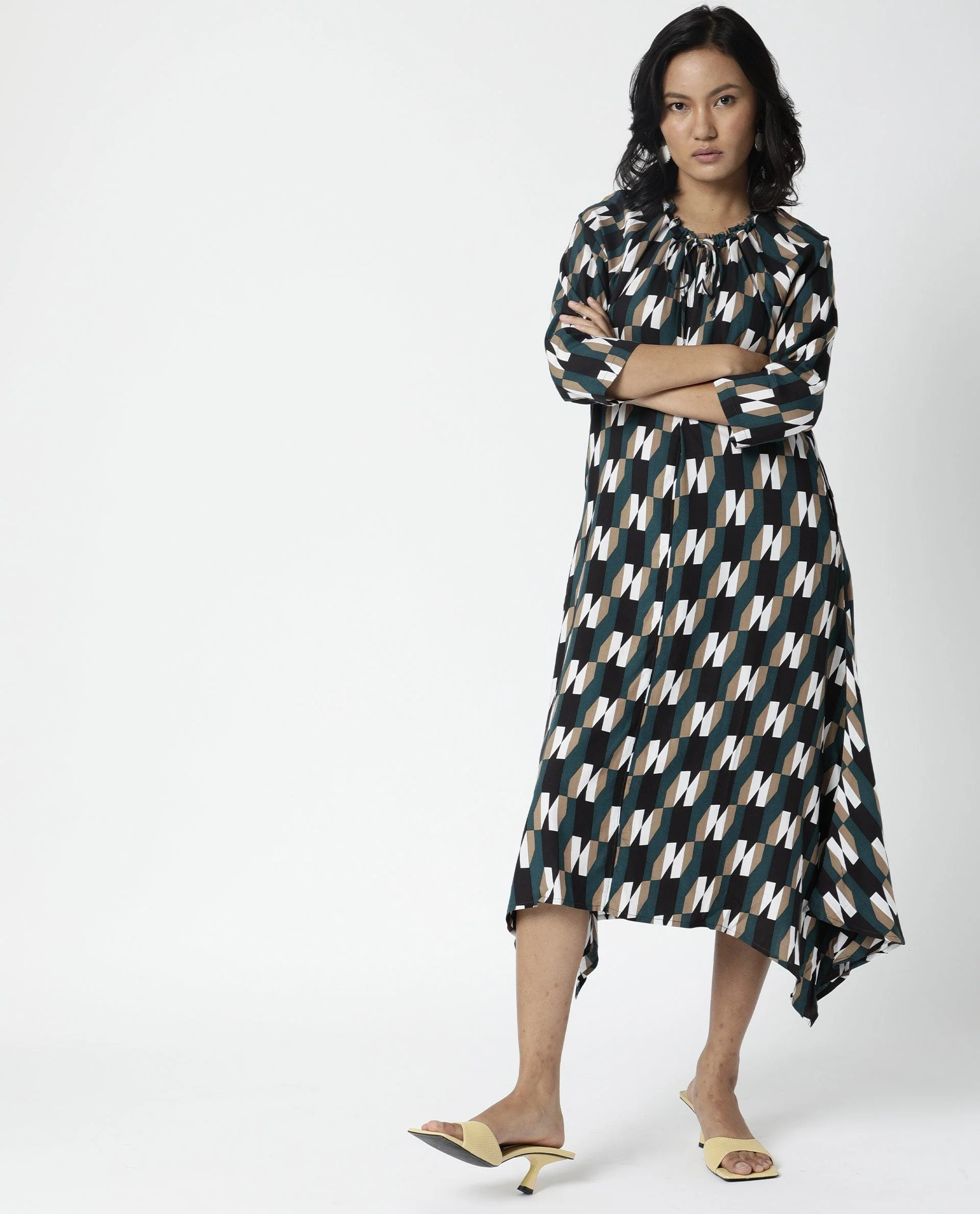 Rareism Womens Matan Green Dress Knee Length Boxy Fit Collar Neck Cotton Silk Fabric