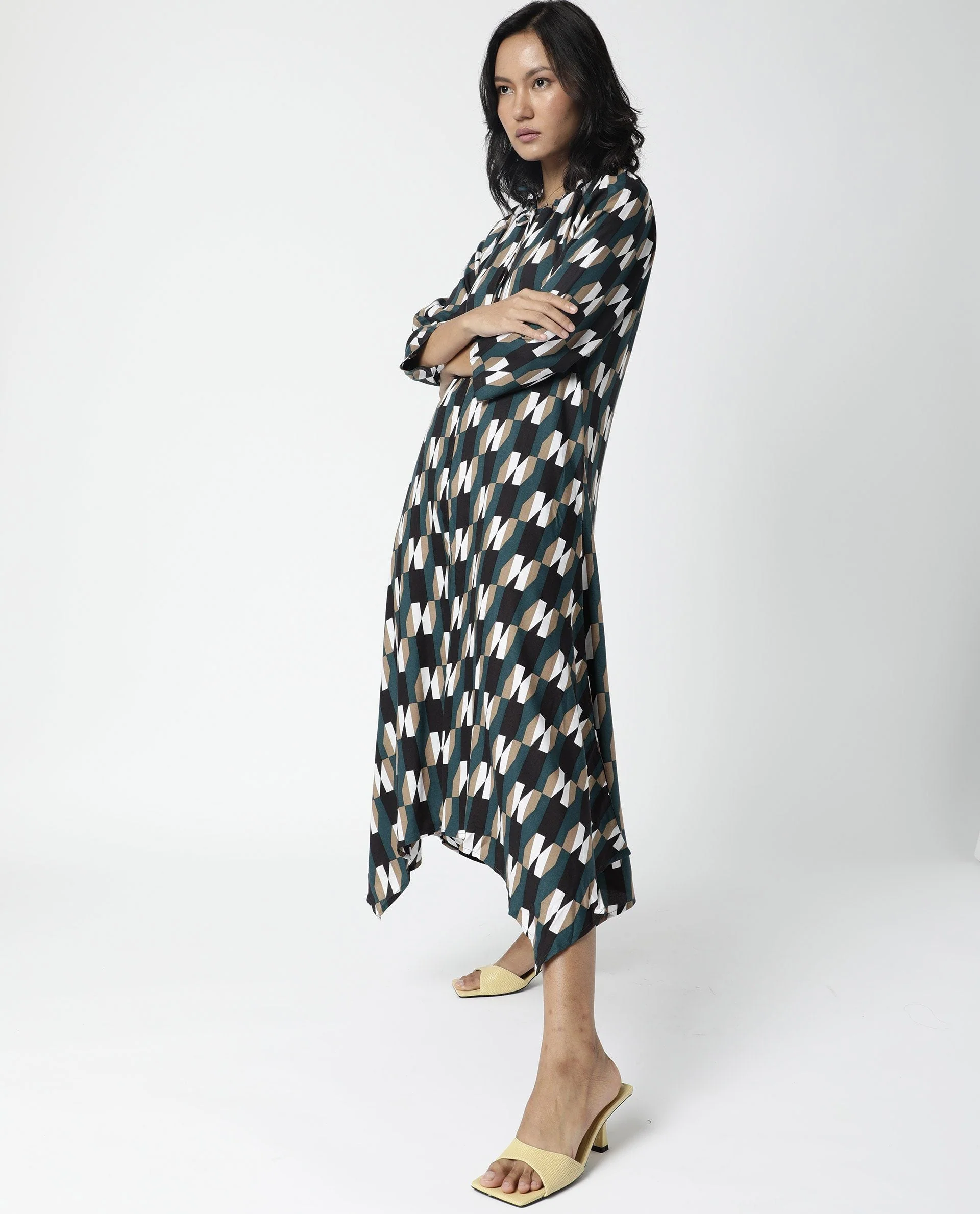 Rareism Womens Matan Green Dress Knee Length Boxy Fit Collar Neck Cotton Silk Fabric - Image 3