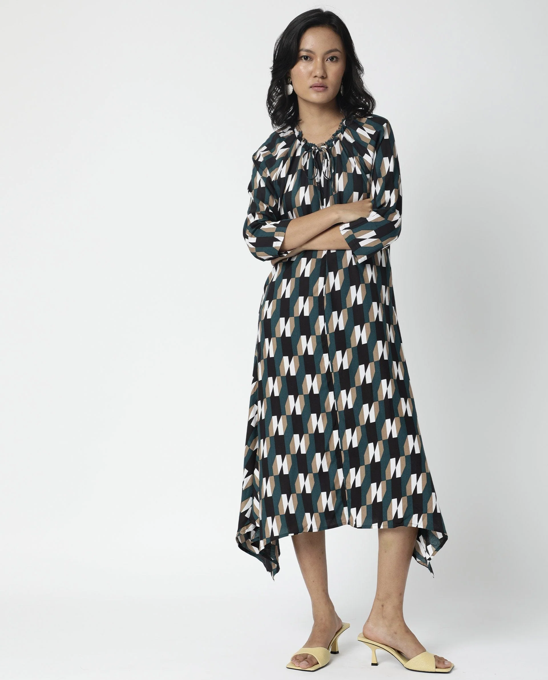 Rareism Womens Matan Green Dress Knee Length Boxy Fit Collar Neck Cotton Silk Fabric - Image 6