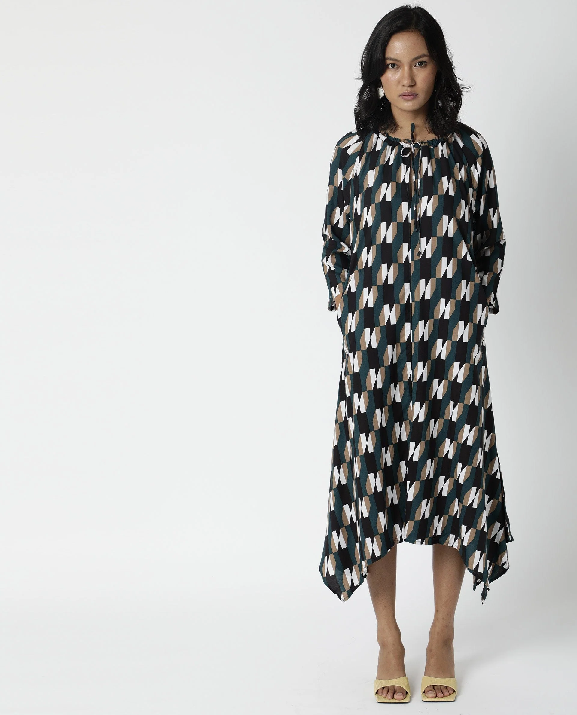 Rareism Womens Matan Green Dress Knee Length Boxy Fit Collar Neck Cotton Silk Fabric - Image 7